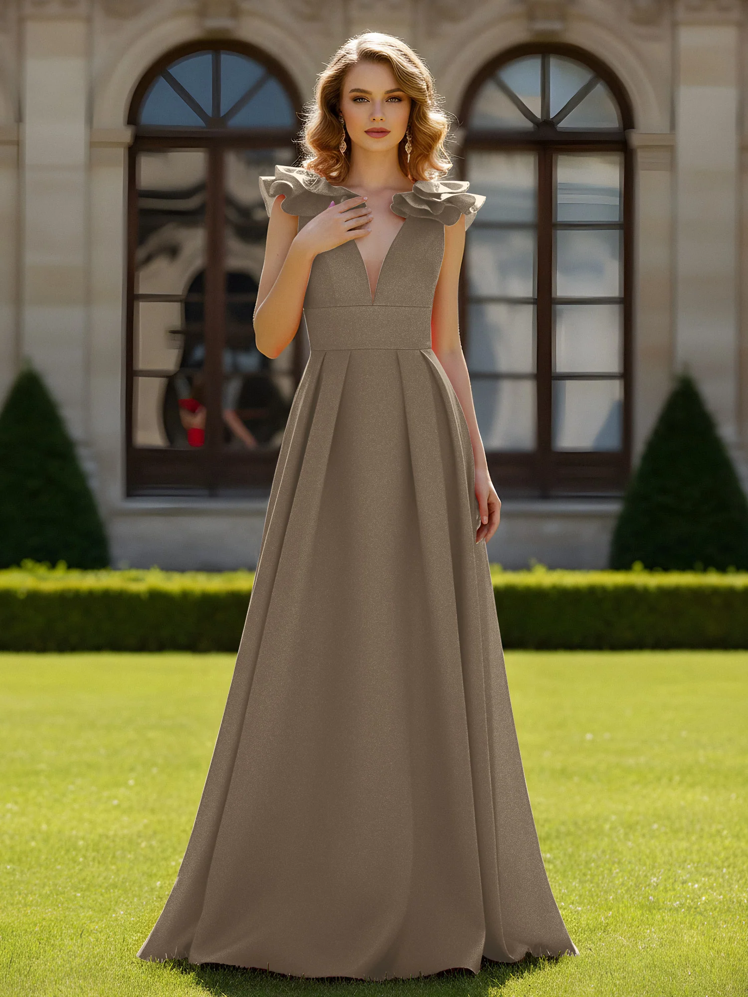 A-line Sculptural Shoulder Ruffle V-neck Long Dress Taupe