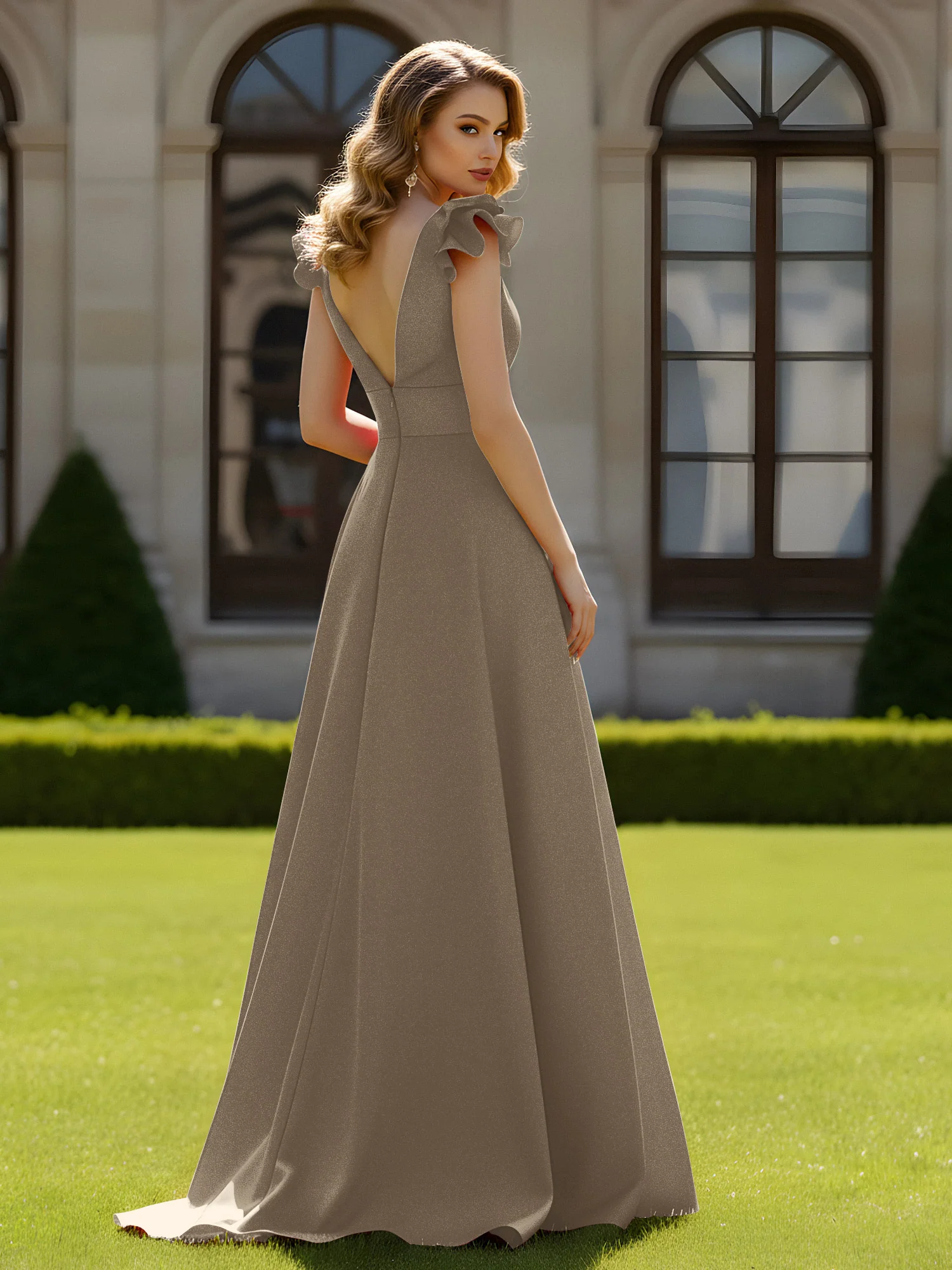 A-line Sculptural Shoulder Ruffle V-neck Long Dress Taupe - Image 2
