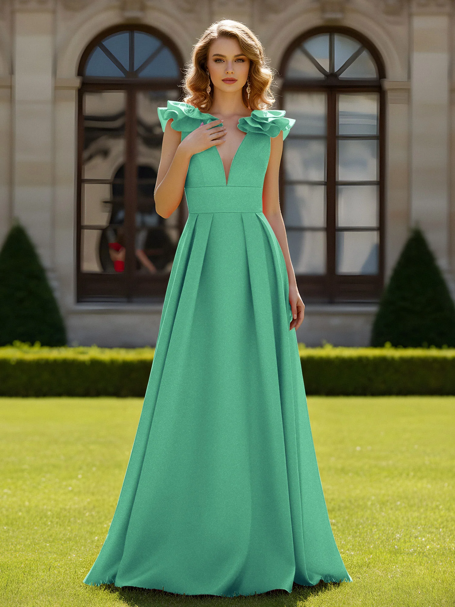 A-line Sculptural Shoulder Ruffle V-neck Long Dress Turquoise