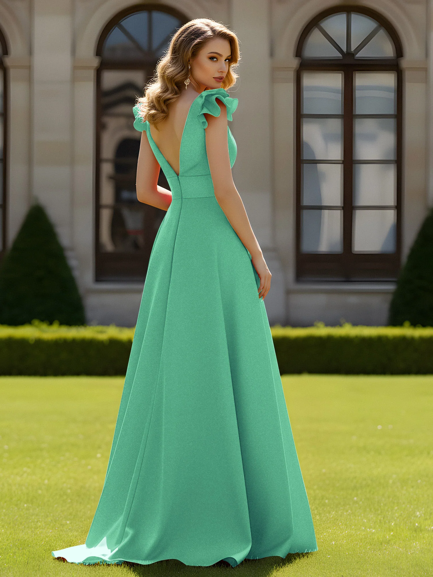 A-line Sculptural Shoulder Ruffle V-neck Long Dress Turquoise - Image 2