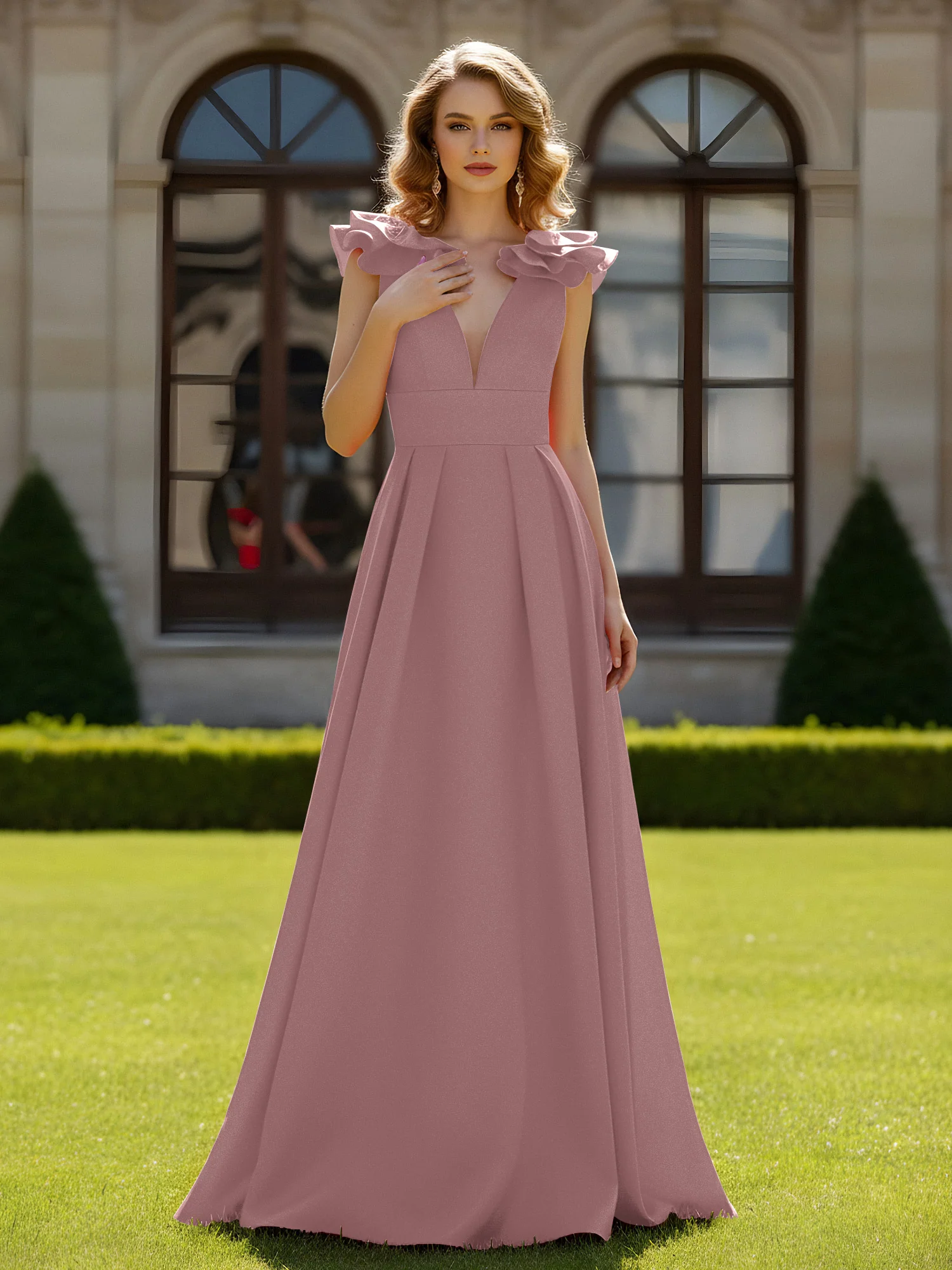 A-line Sculptural Shoulder Ruffle V-neck Long Dress Vintage Mauve