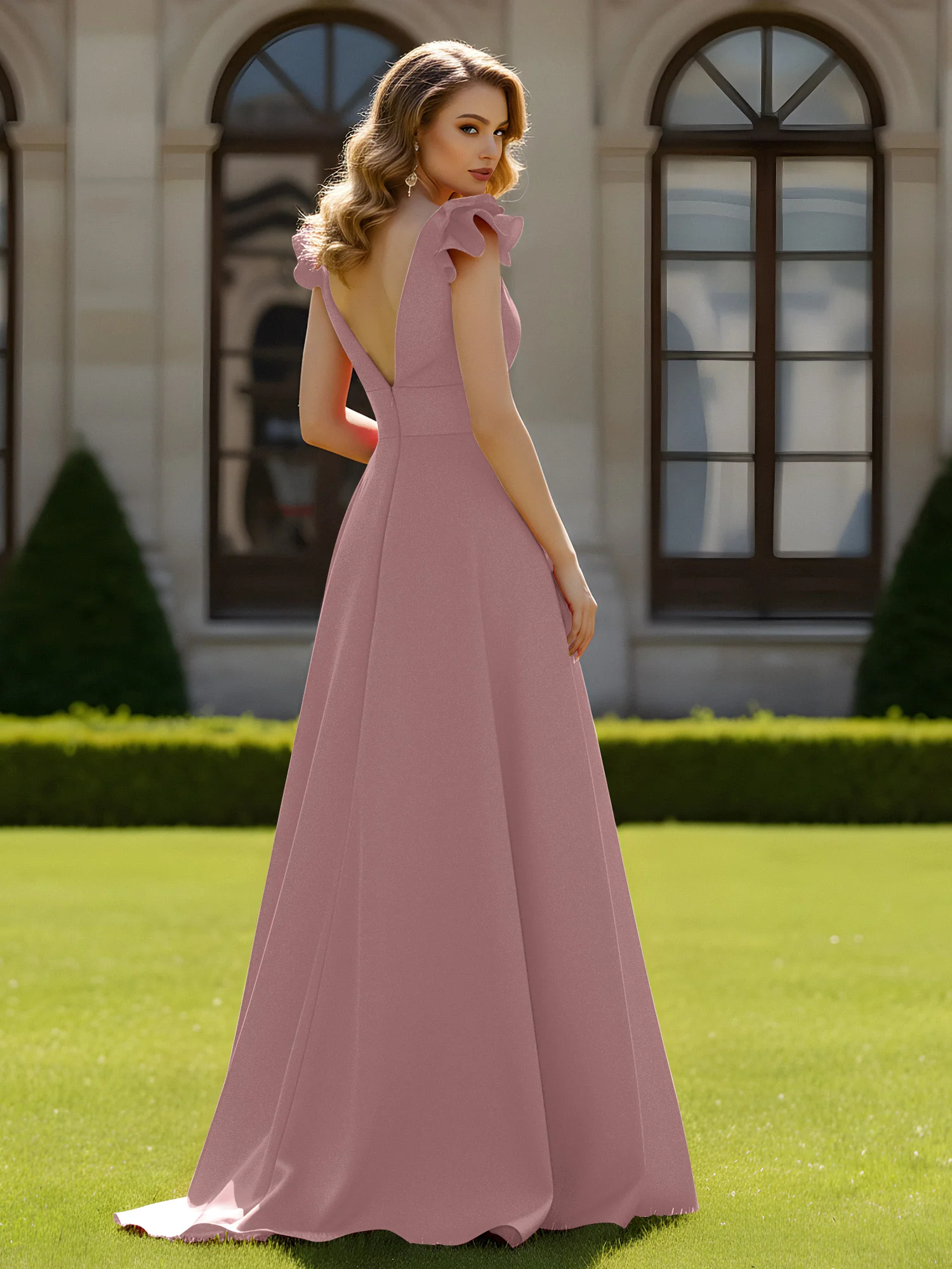 A-line Sculptural Shoulder Ruffle V-neck Long Dress Vintage Mauve - Image 2