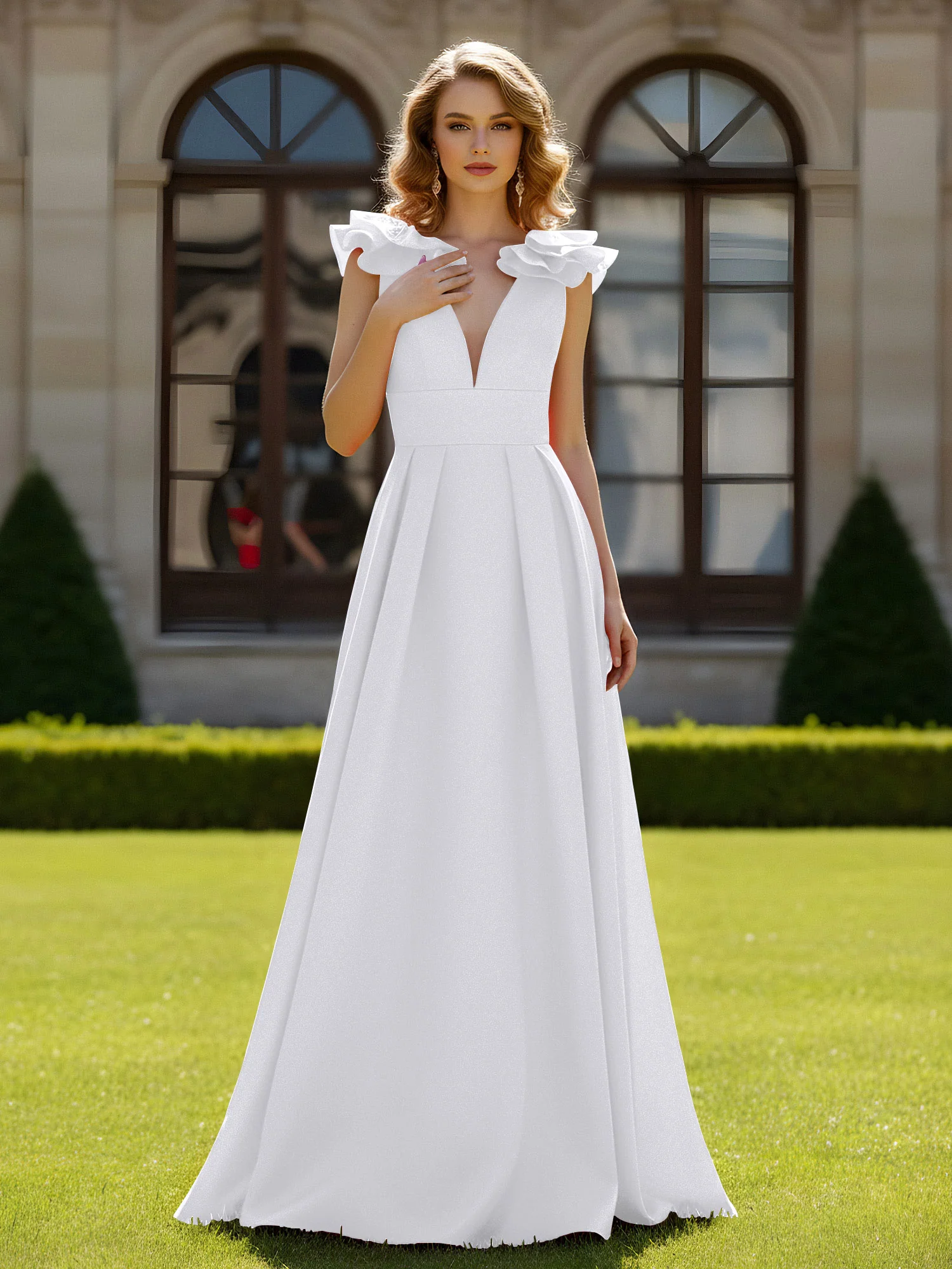 A-line Sculptural Shoulder Ruffle V-neck Long Dress White