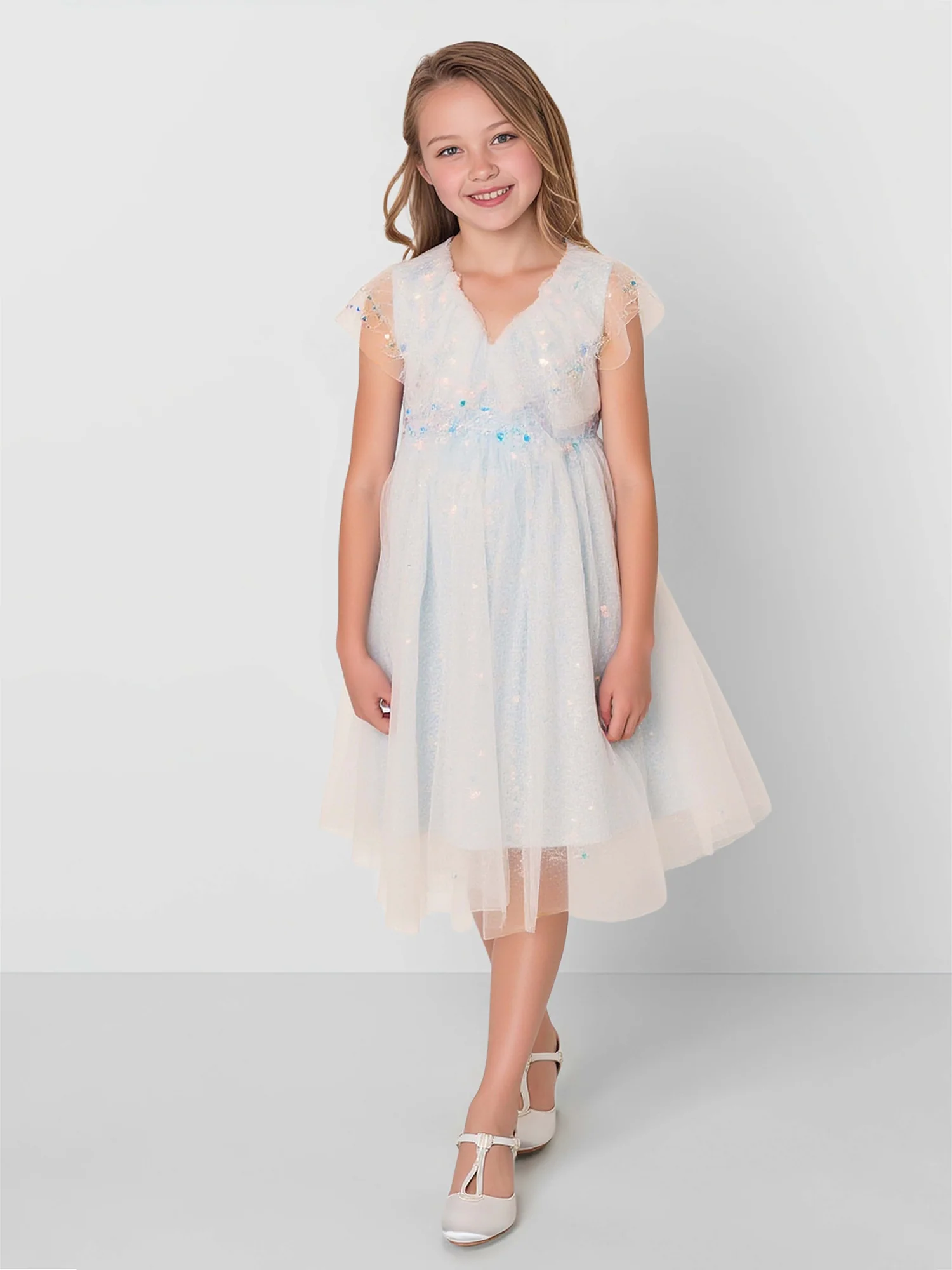 A-Line Sequins V-Neck Tulle Flower Girl Dress Mist