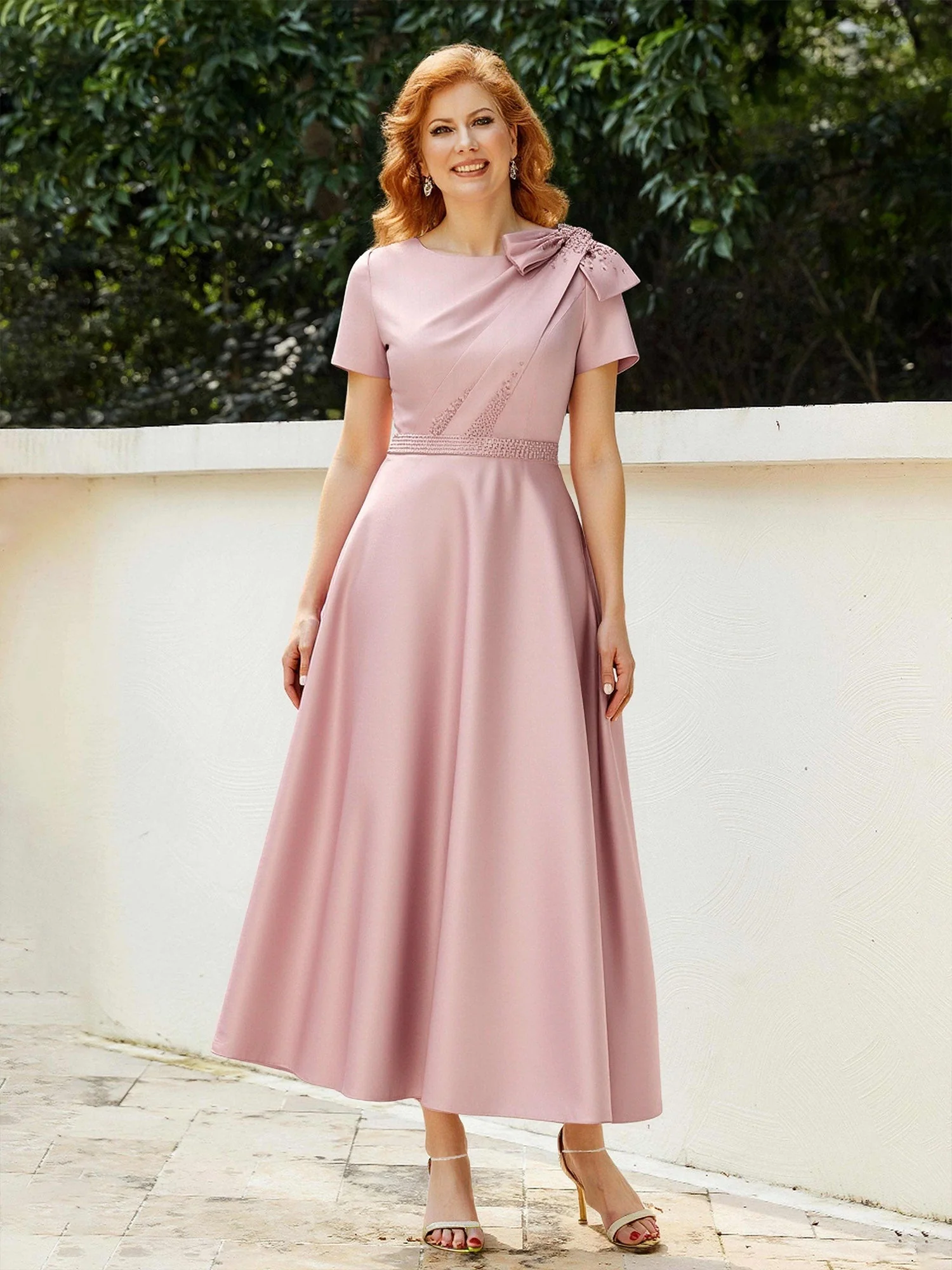 A-Line Short Sleeves Bowknot Beaded Dress With Pockets Candy Pink