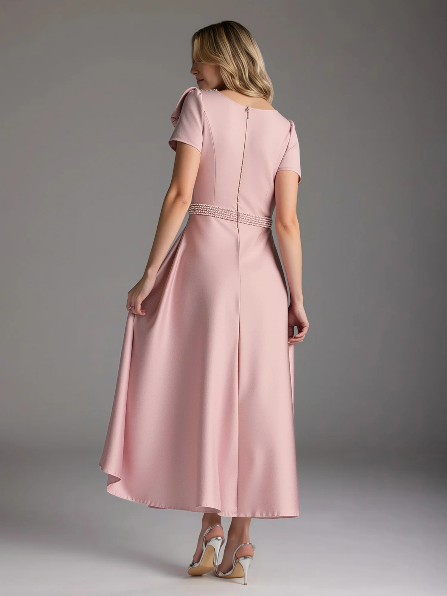 A-Line Short Sleeves Bowknot Beaded Dress With Pockets Dusty Rose - Image 4