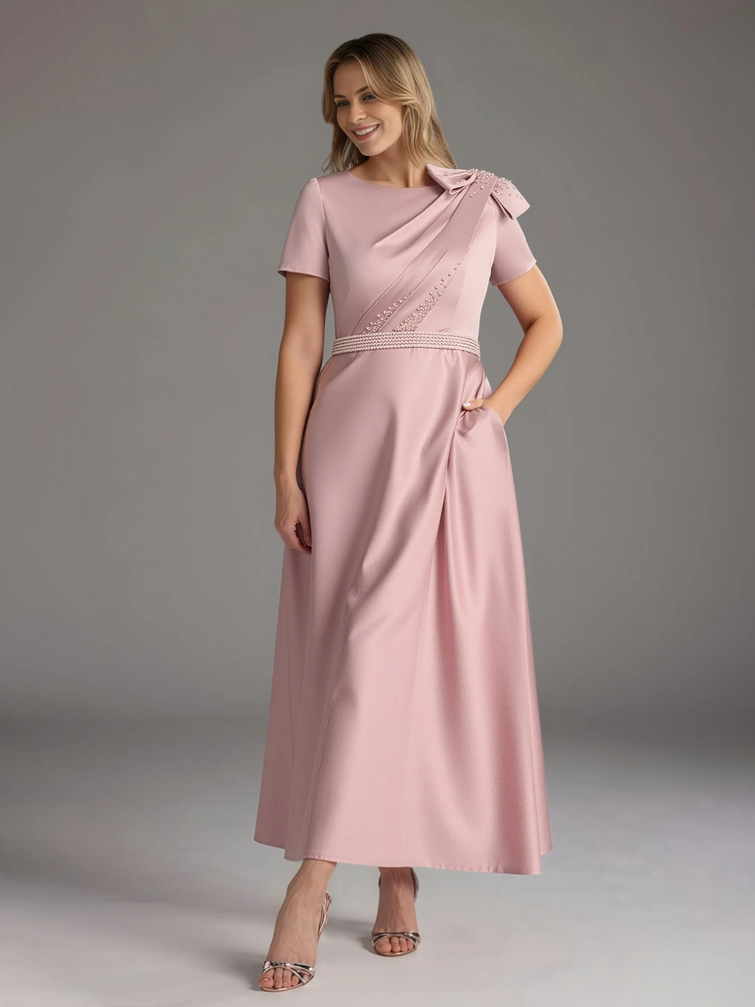 A-Line Short Sleeves Bowknot Beaded Dress With Pockets Lilac - Image 3