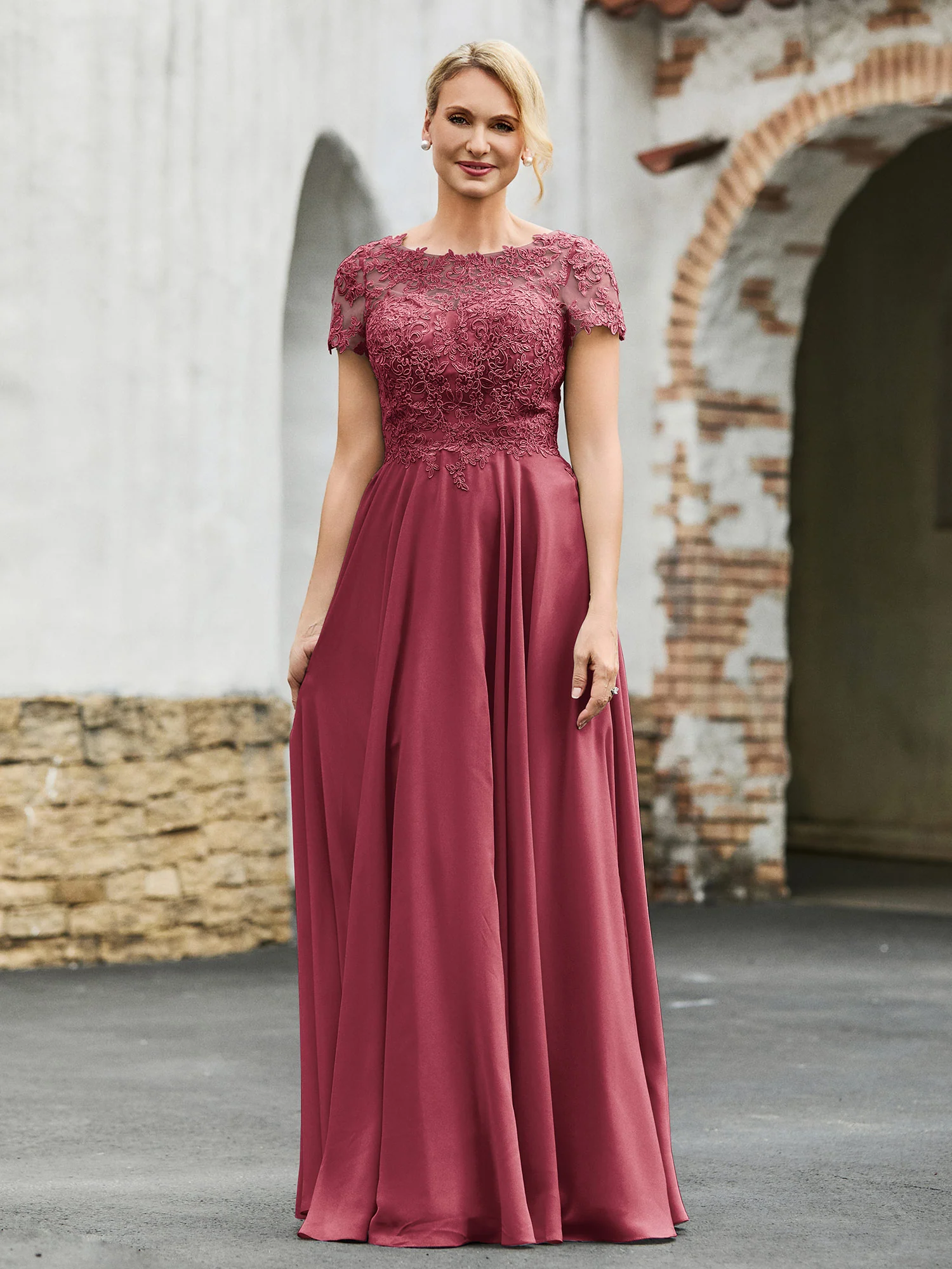 A-line Short Sleeves Lace Top Pleated Dress Cinnamon Rose