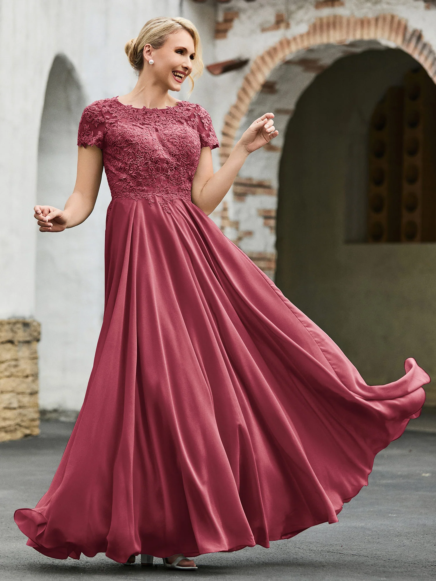A-line Short Sleeves Lace Top Pleated Dress Cinnamon Rose - Image 3