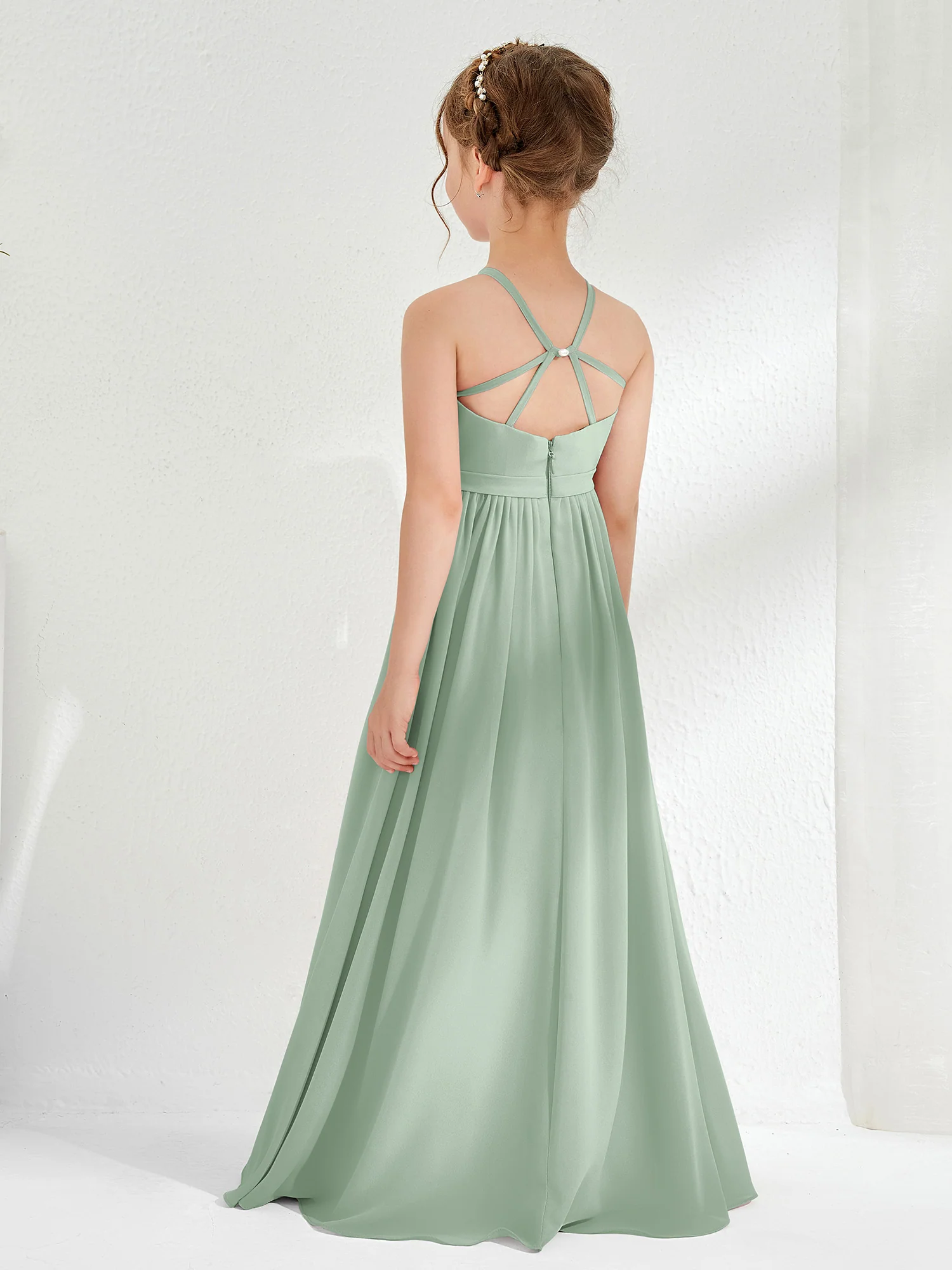 A-line Sleeveless Chiffon Long Junior Bridesmaid Dress Agave - Image 2