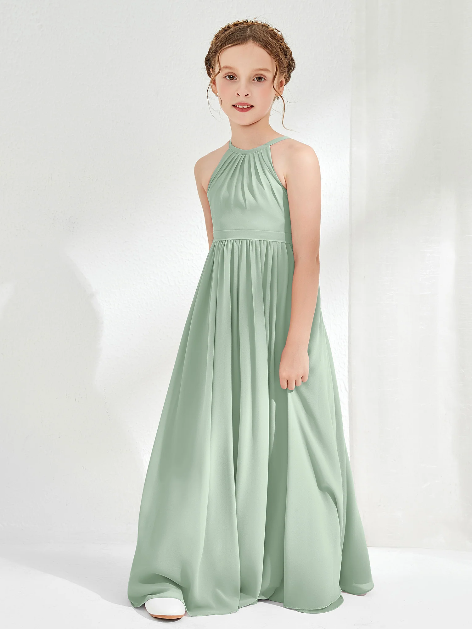 A-line Sleeveless Chiffon Long Junior Bridesmaid Dress Agave - Image 3