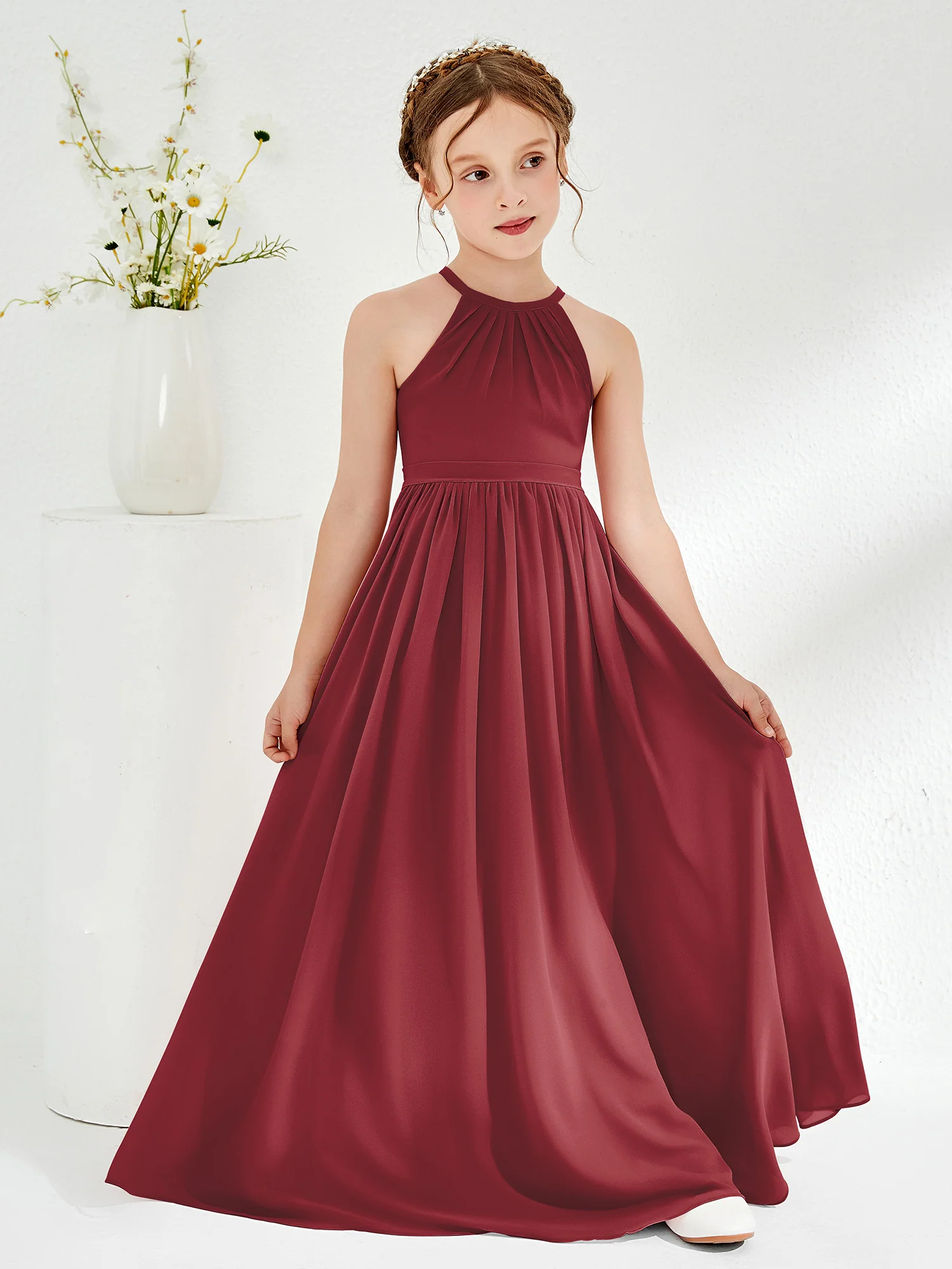 A-line Sleeveless Chiffon Long Junior Bridesmaid Dress Cinnamon Rose