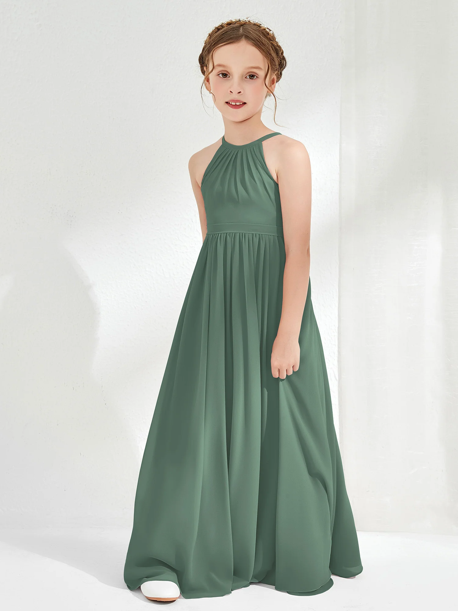 A-line Sleeveless Chiffon Long Junior Bridesmaid Dress Eucalyptus - Image 3