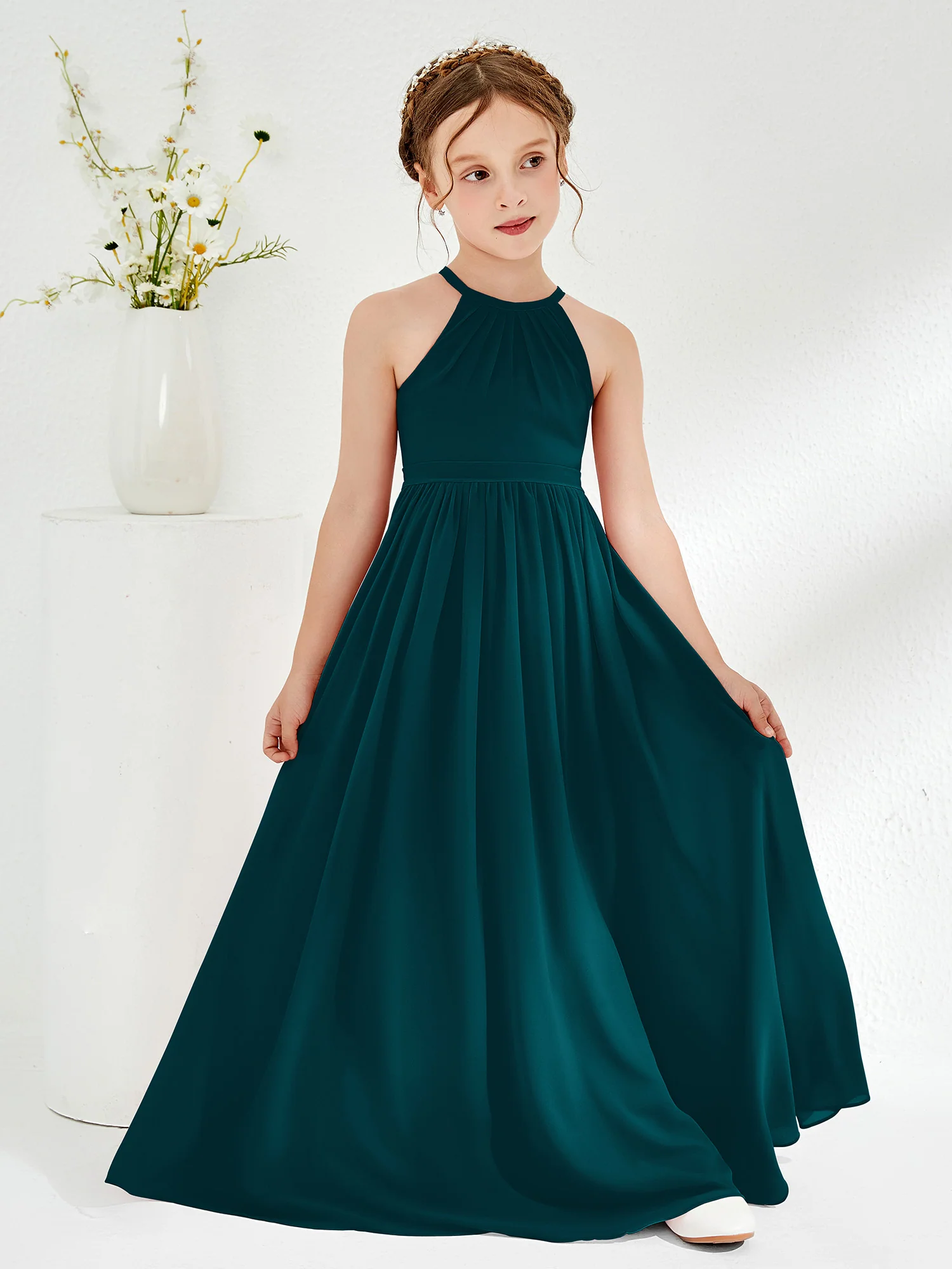 A-line Sleeveless Chiffon Long Junior Bridesmaid Dress Pine