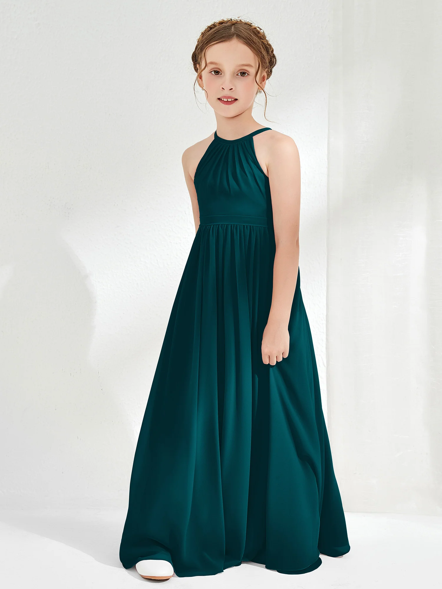 A-line Sleeveless Chiffon Long Junior Bridesmaid Dress Pine - Image 3