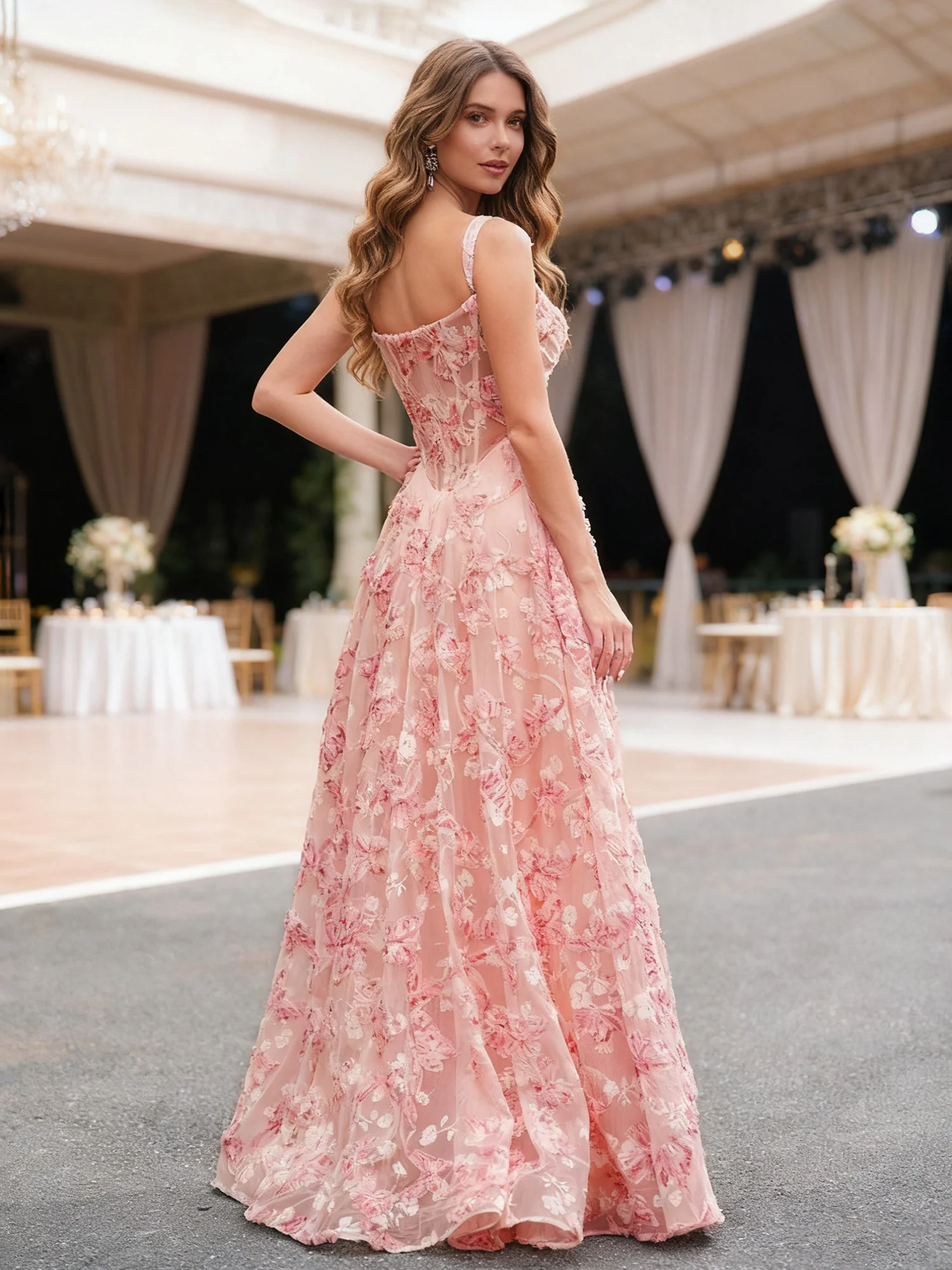 A-Line Sleeveless Sheer Corset Floral Long Dress Coral - Image 2