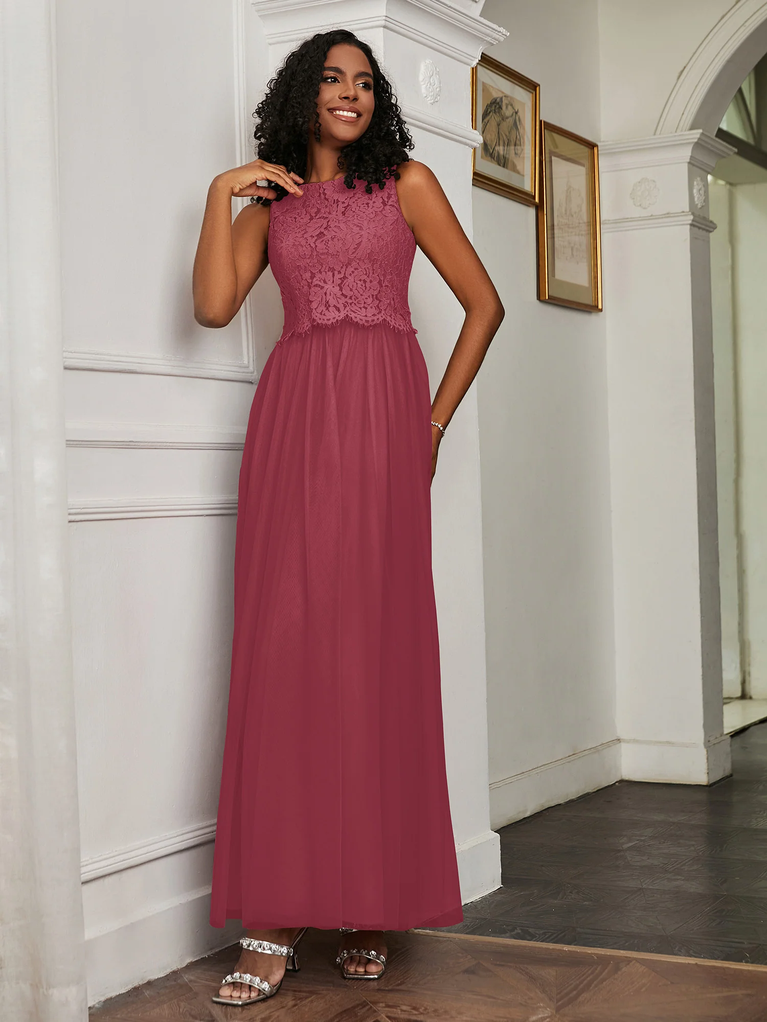 A-Line Sleeveless Tulle Floor-Length Dress Cinnamon Rose