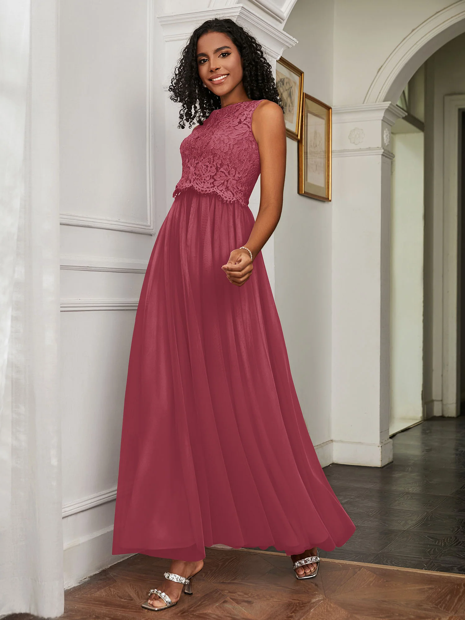 A-Line Sleeveless Tulle Floor-Length Dress Cinnamon Rose Plus Size - Image 3