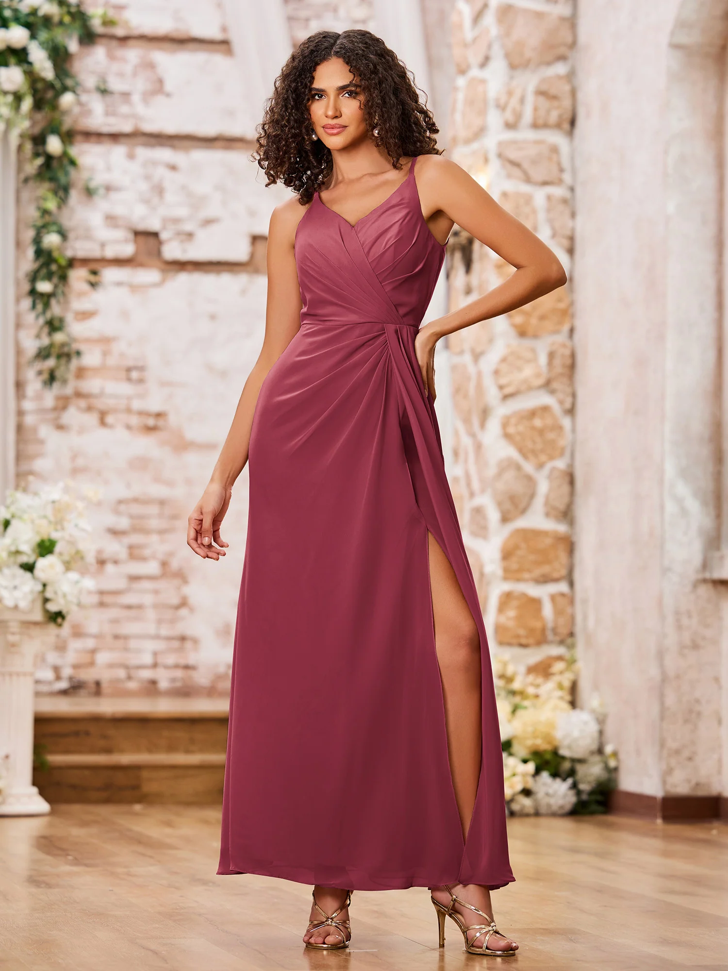 A-line Spaghetti Straps Chiffon Maxi Dresses with Slit Cinnamon Rose