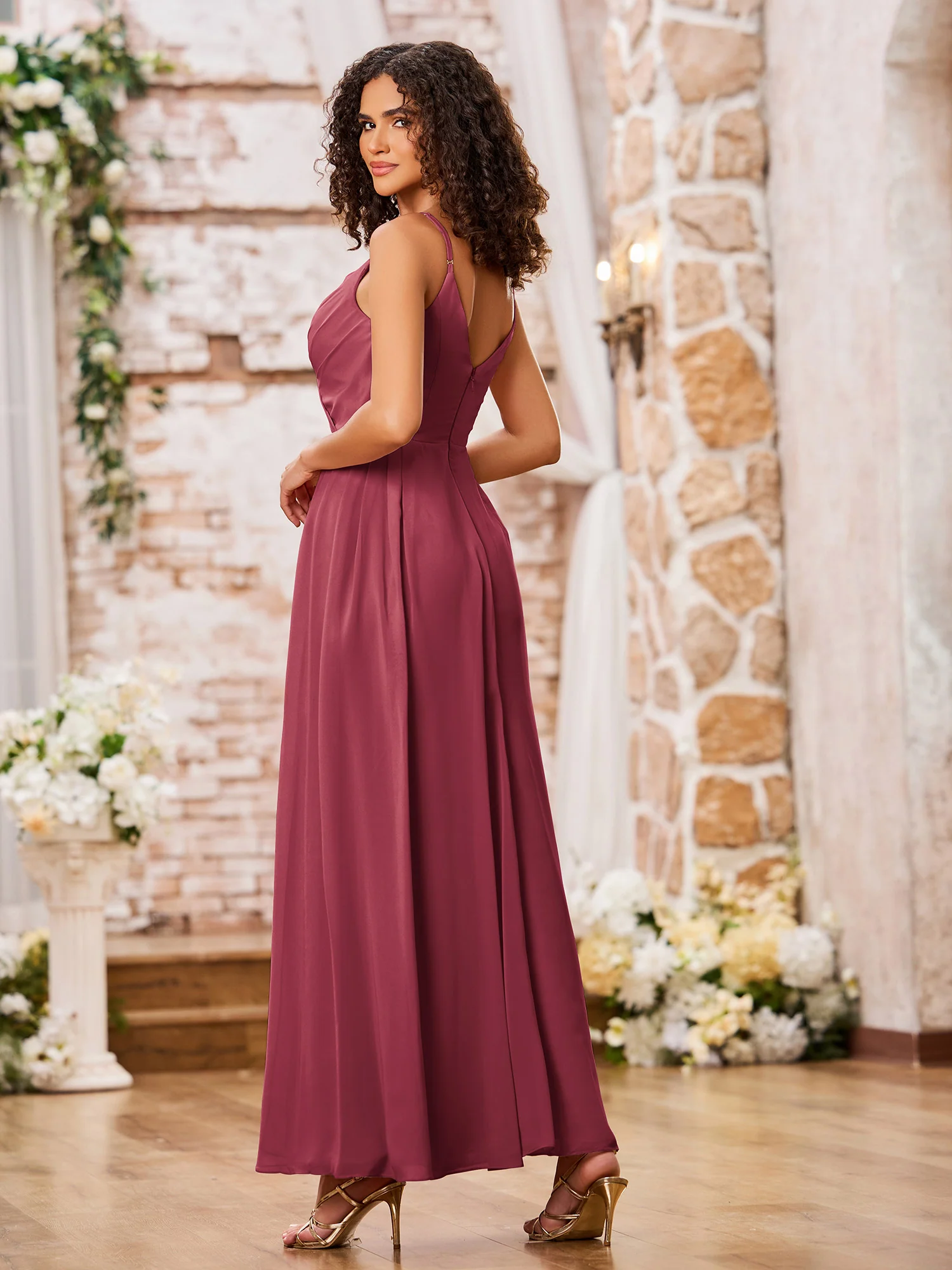 A-line Spaghetti Straps Chiffon Maxi Dresses with Slit Cinnamon Rose - Image 2
