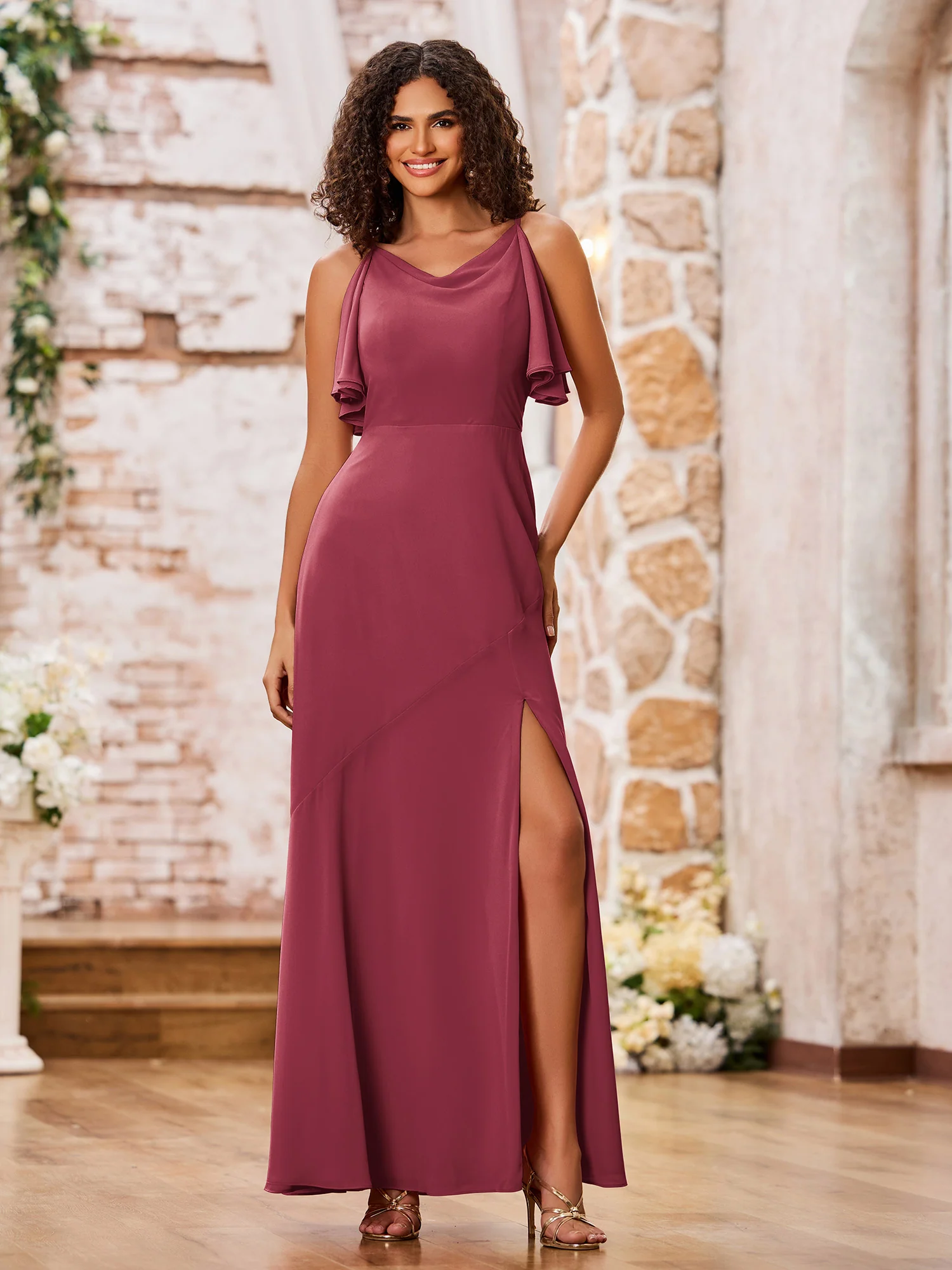 A-line Spaghetti Straps Cowl Neck Chiffon Dresses with Slit Cinnamon Rose