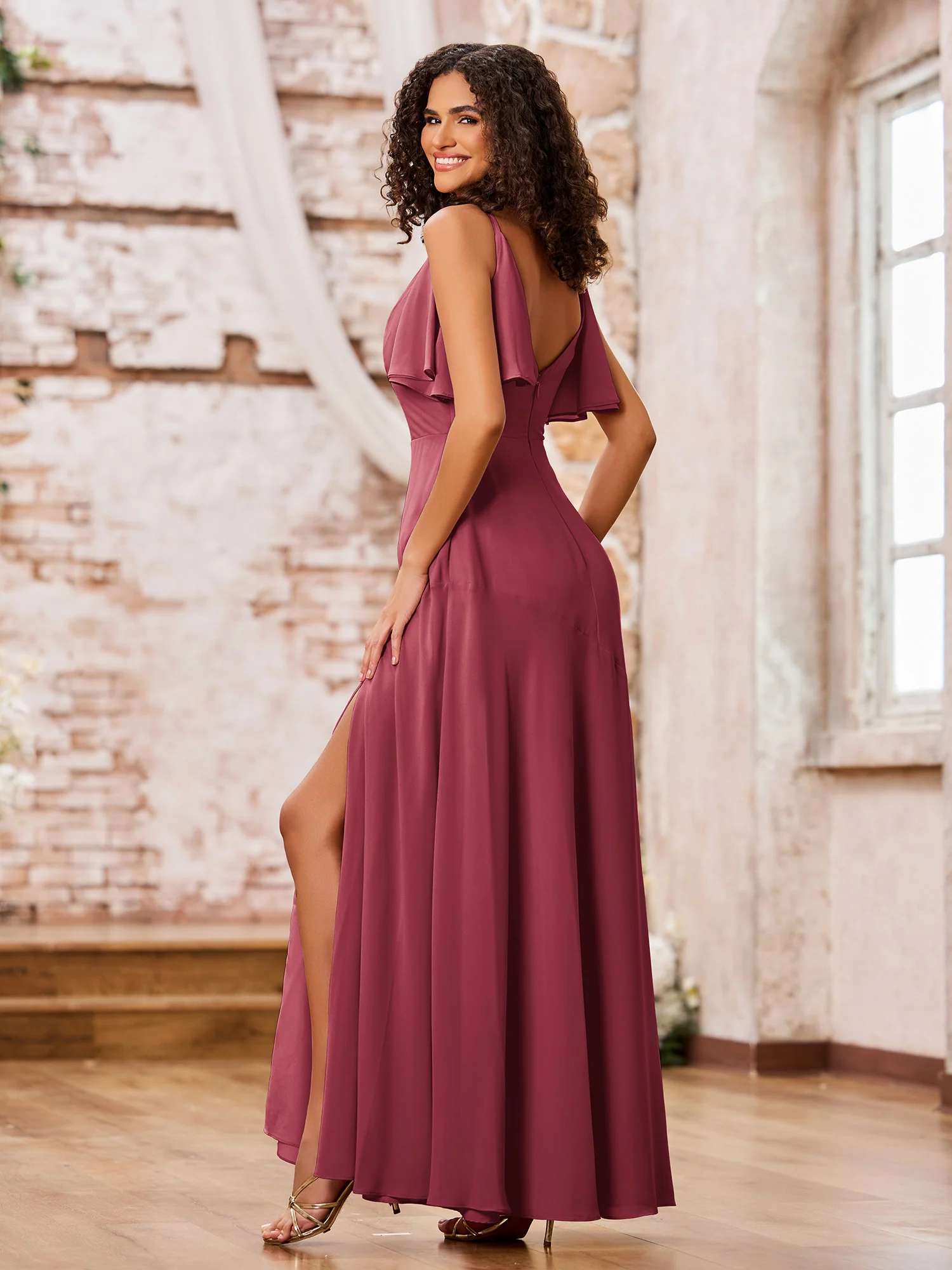 A-line Spaghetti Straps Cowl Neck Chiffon Dresses with Slit Cinnamon Rose - Image 2