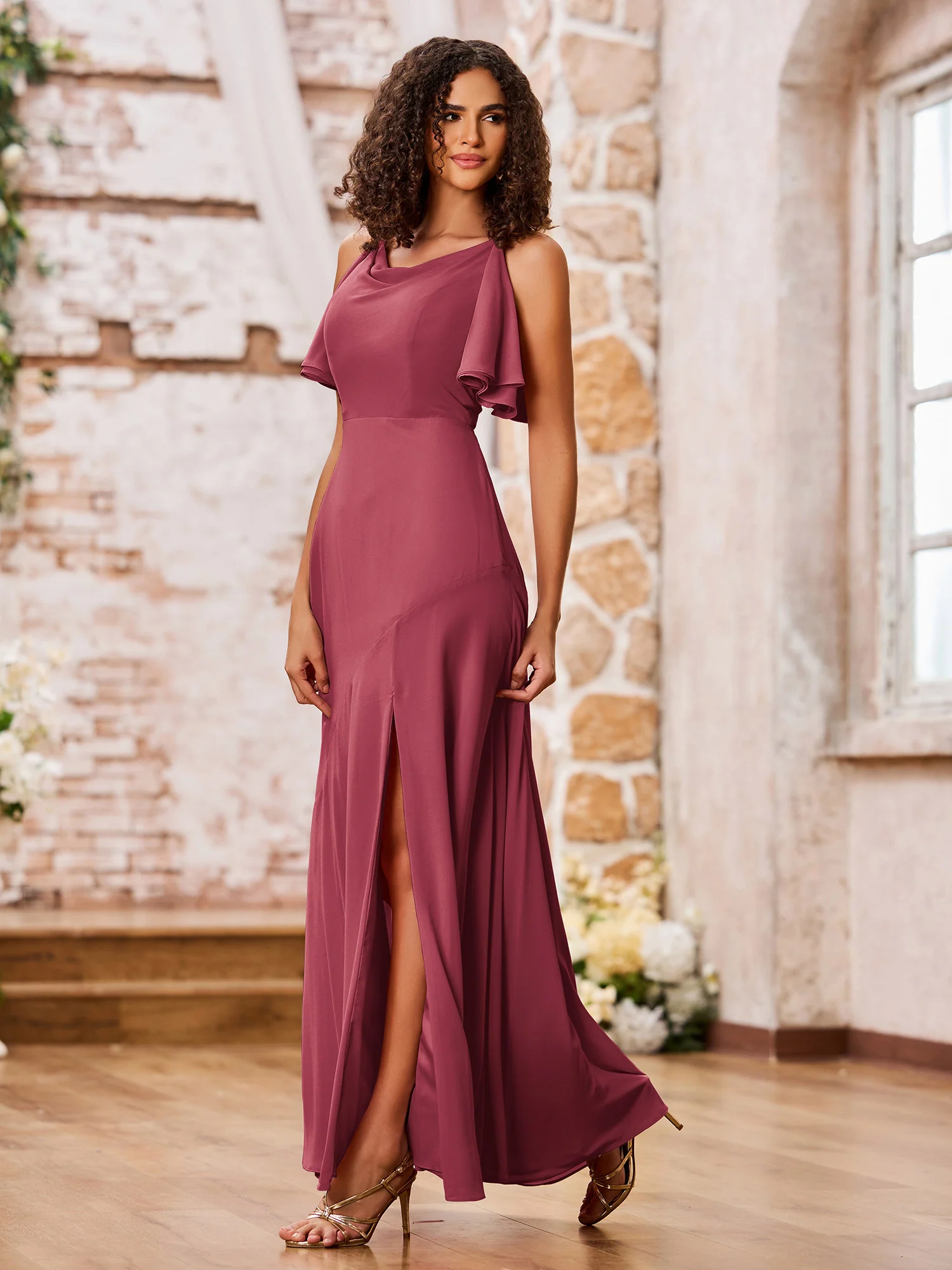 A-line Spaghetti Straps Cowl Neck Chiffon Dresses with Slit Cinnamon Rose - Image 3
