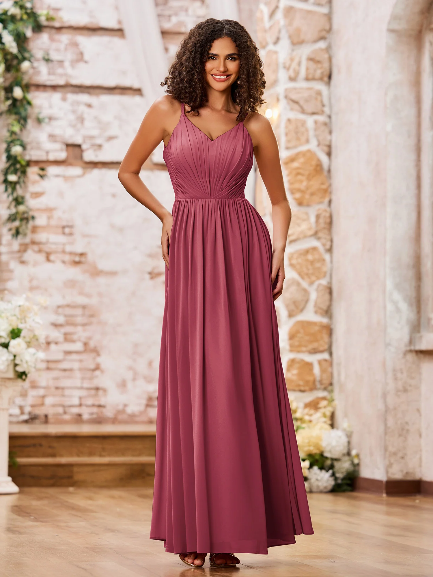 A-line Spaghetti Straps Pleated Maxi Chiffon Dresses Cinnamon Rose
