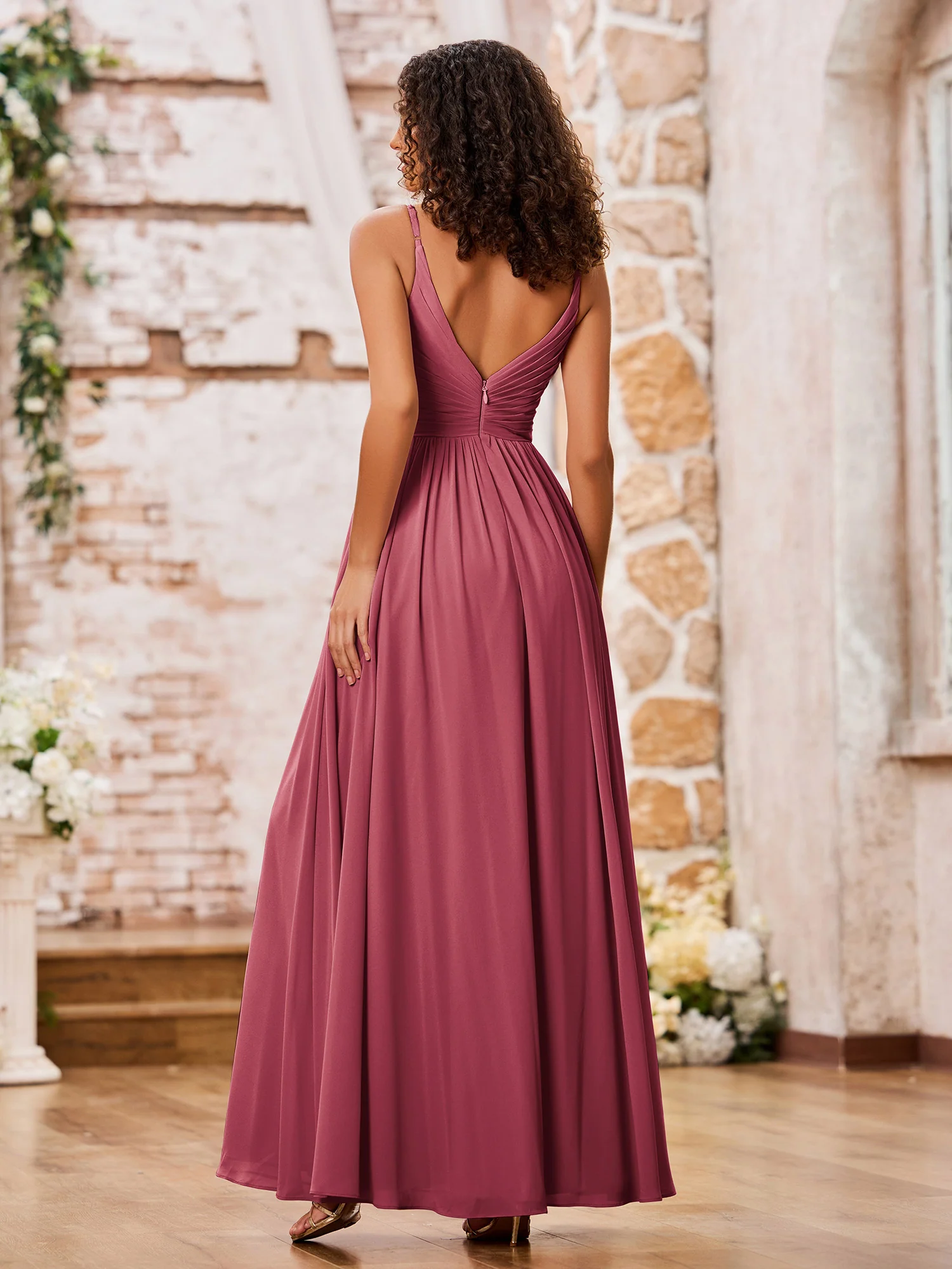 A-line Spaghetti Straps Pleated Maxi Chiffon Dresses Cinnamon Rose - Image 2