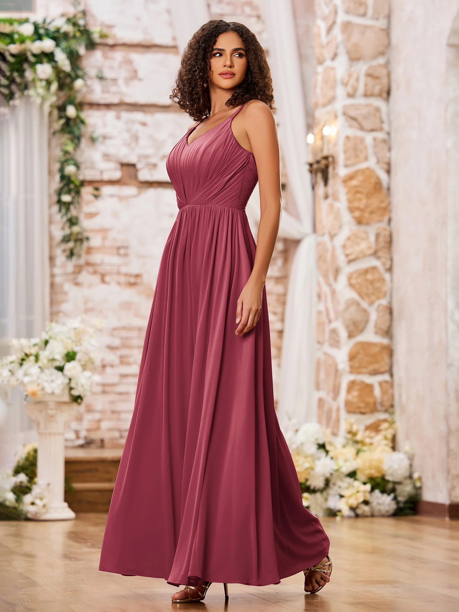 A-line Spaghetti Straps Pleated Maxi Chiffon Dresses Cinnamon Rose - Image 3