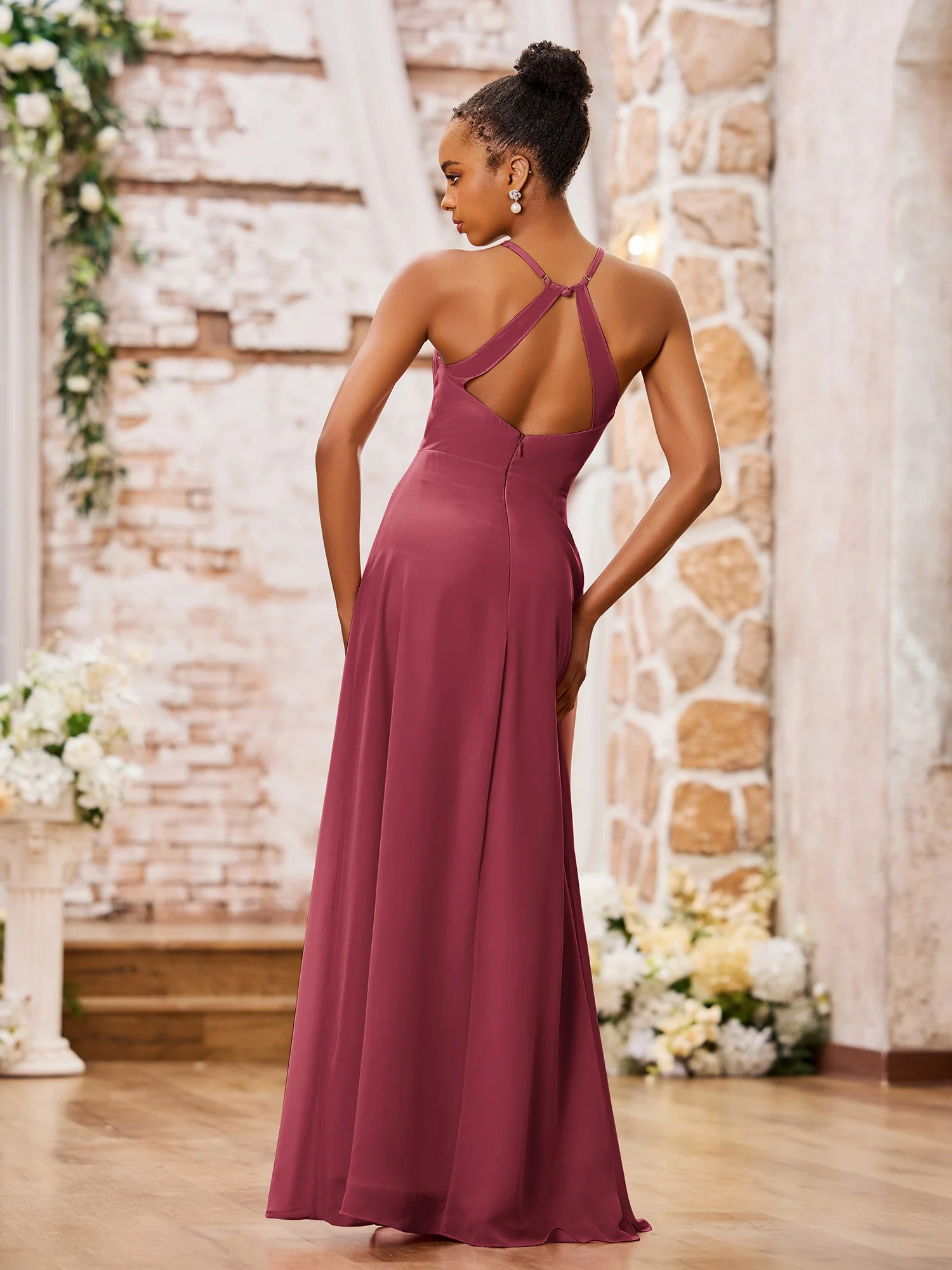 A-line Spaghetti Straps Sexy Chiffon Gowns with Slit Cinnamon Rose - Image 2
