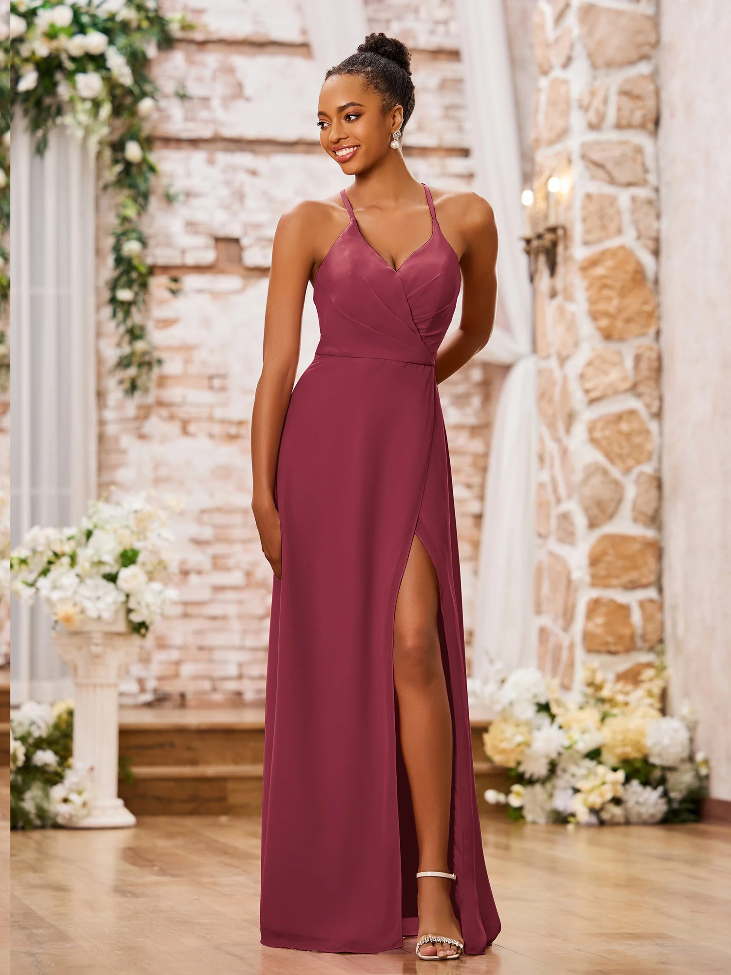 A-line Spaghetti Straps Sexy Chiffon Gowns with Slit Cinnamon Rose - Image 3