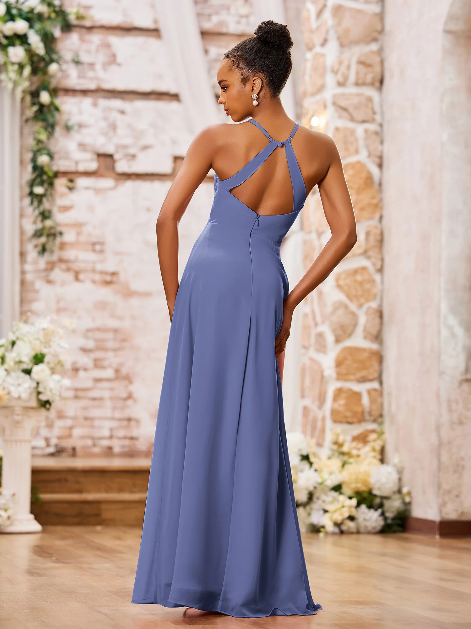A-line Spaghetti Straps Sexy Chiffon Gowns with Slit Periwinkle - Image 2
