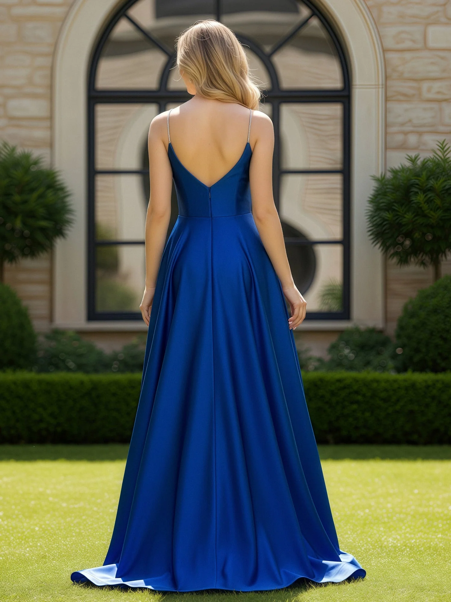 A-Line Spaghetti Straps V-neck Sweep Train Gown Rust - Image 2