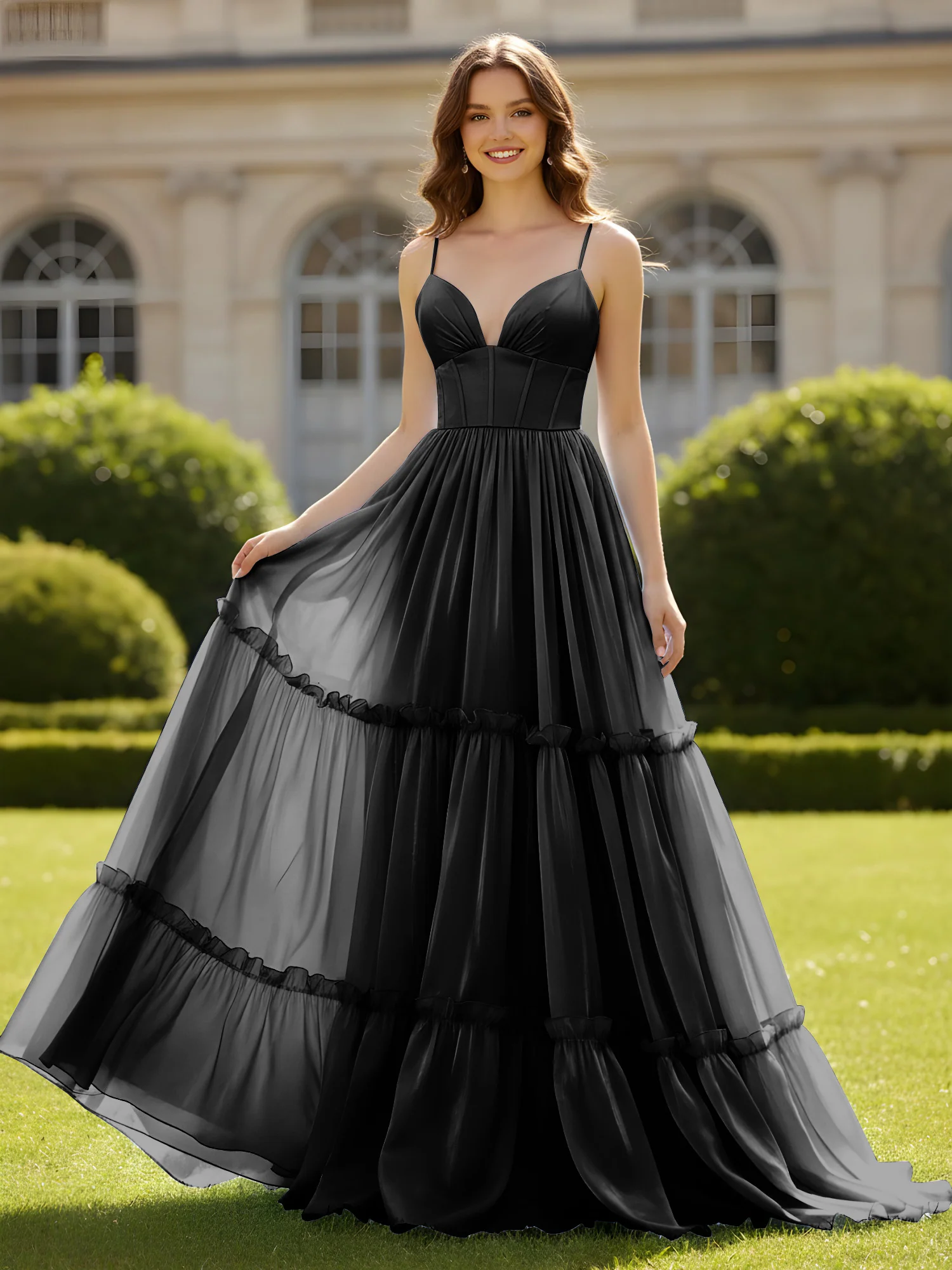 A-Line Spaghetti Straps V-neck Tiered Dress Black