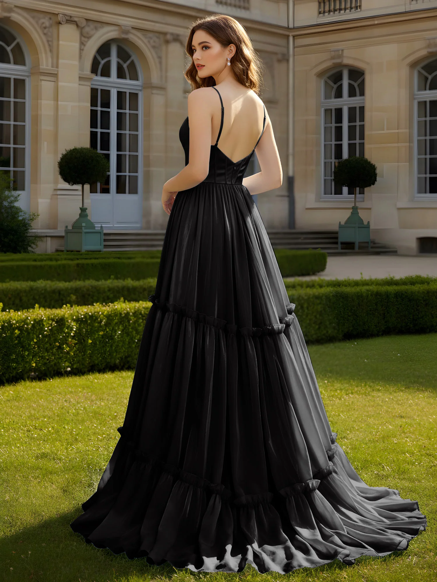 A-Line Spaghetti Straps V-neck Tiered Dress Black - Image 2