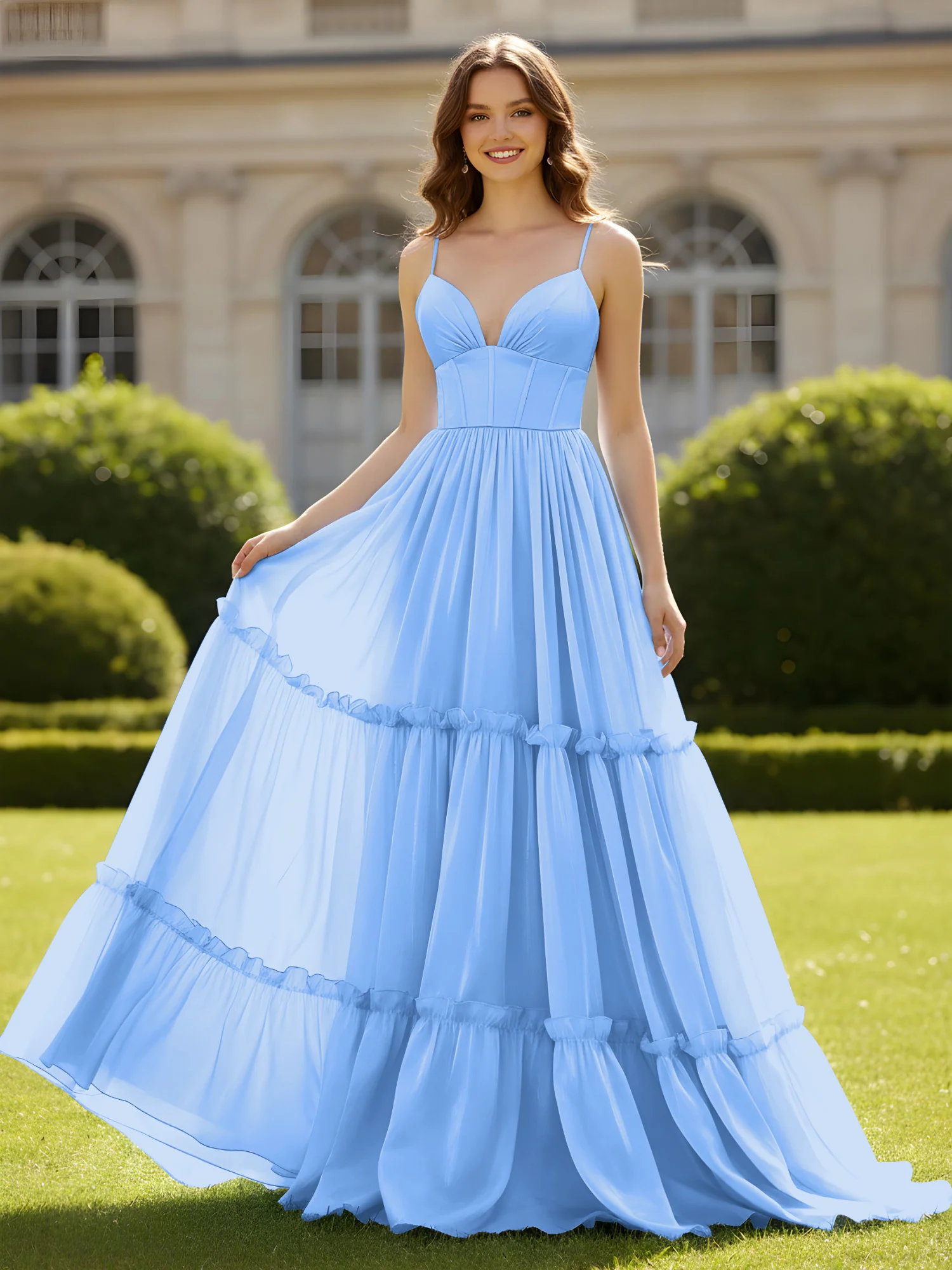 A-Line Spaghetti Straps V-neck Tiered Dress Blue