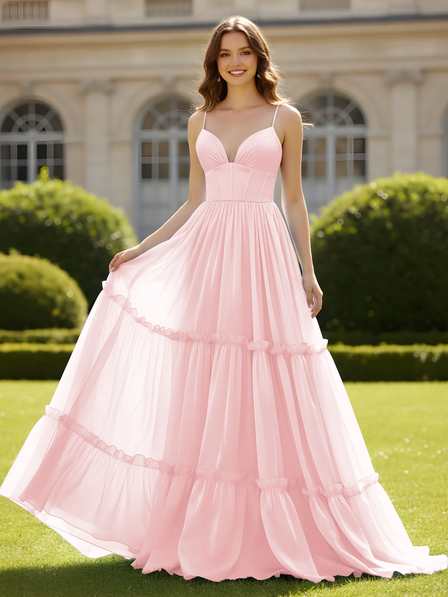 A-Line Spaghetti Straps V-neck Tiered Dress Blushing Pink