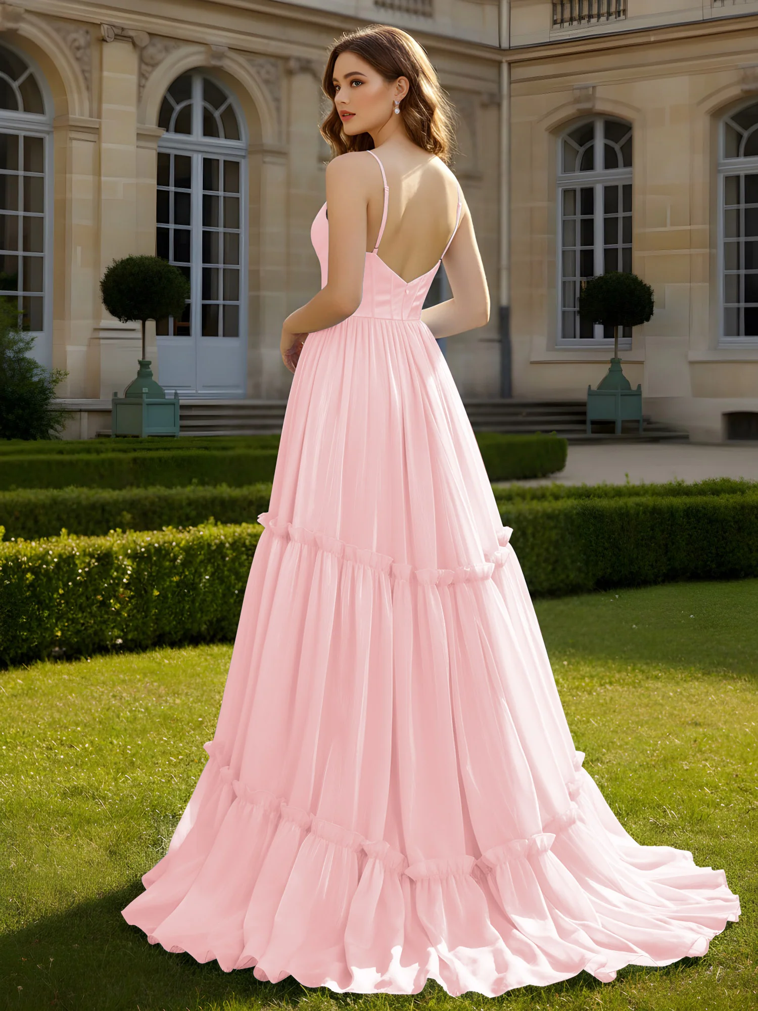 A-Line Spaghetti Straps V-neck Tiered Dress Blushing Pink - Image 2