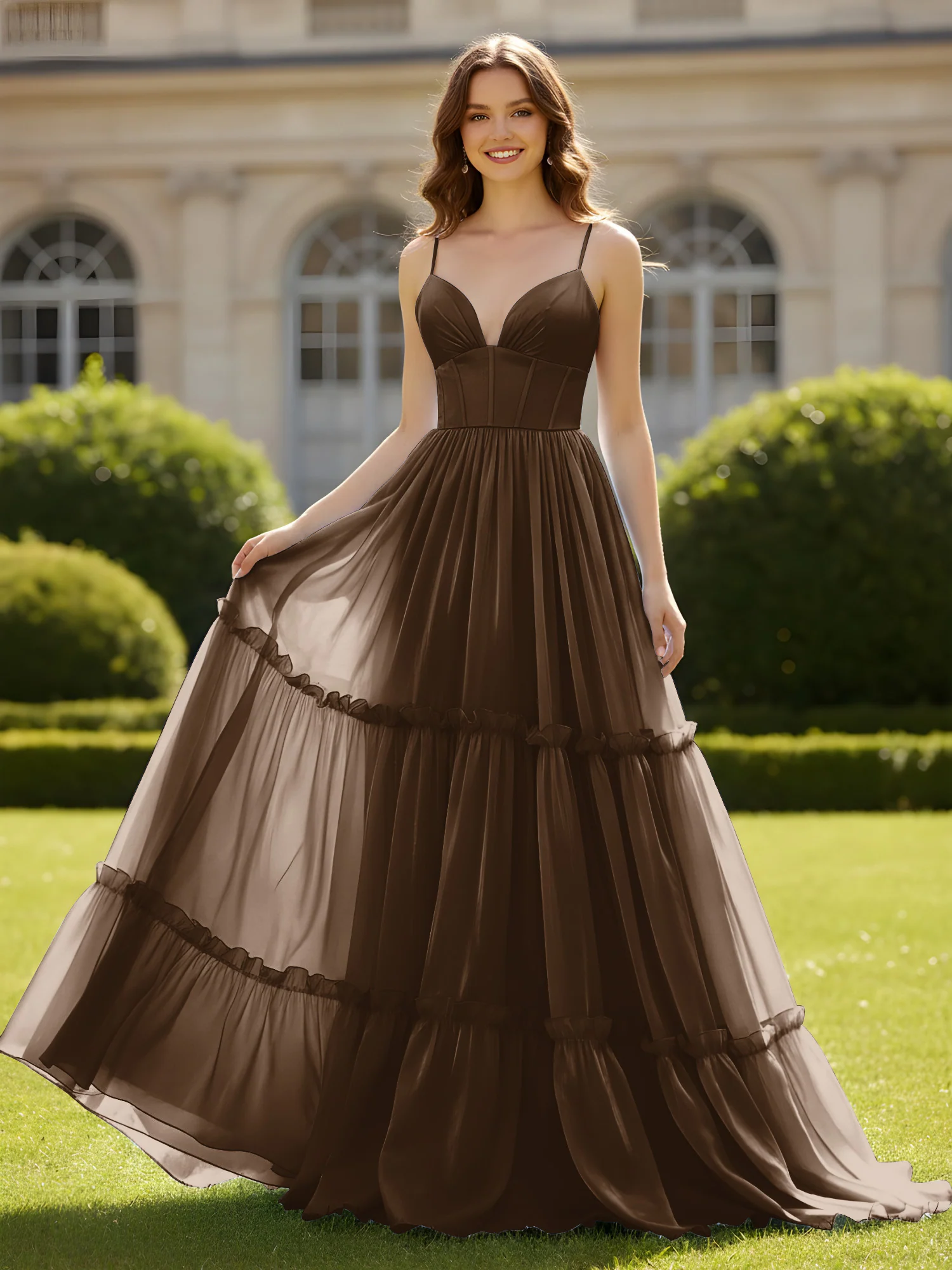 A-Line Spaghetti Straps V-neck Tiered Dress Brown