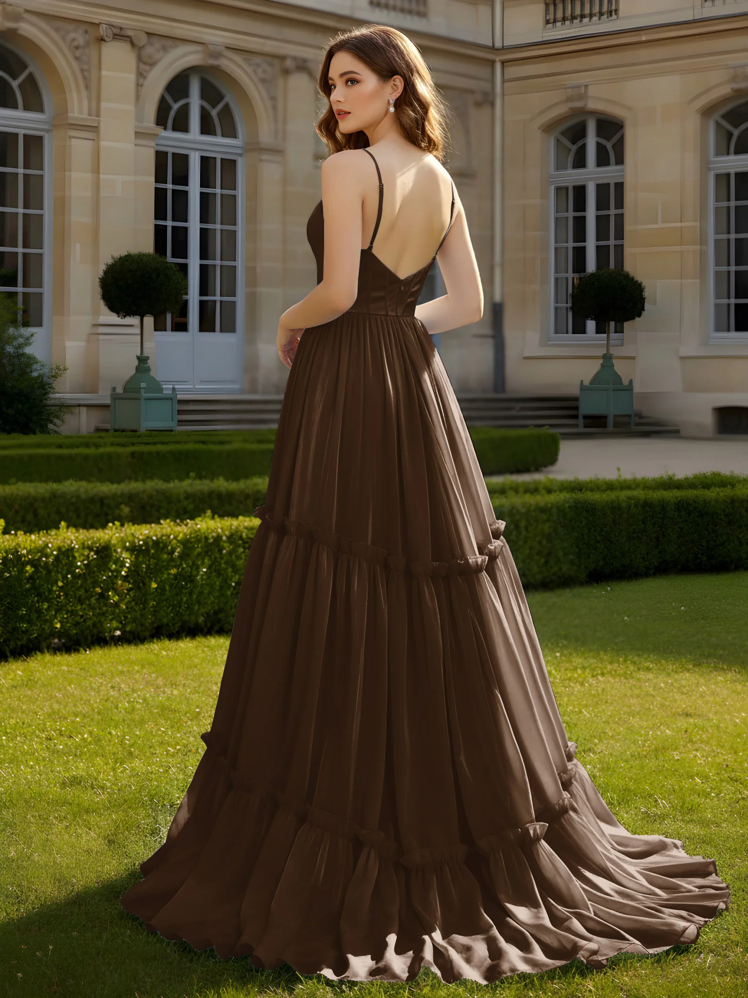 A-Line Spaghetti Straps V-neck Tiered Dress Brown - Image 2