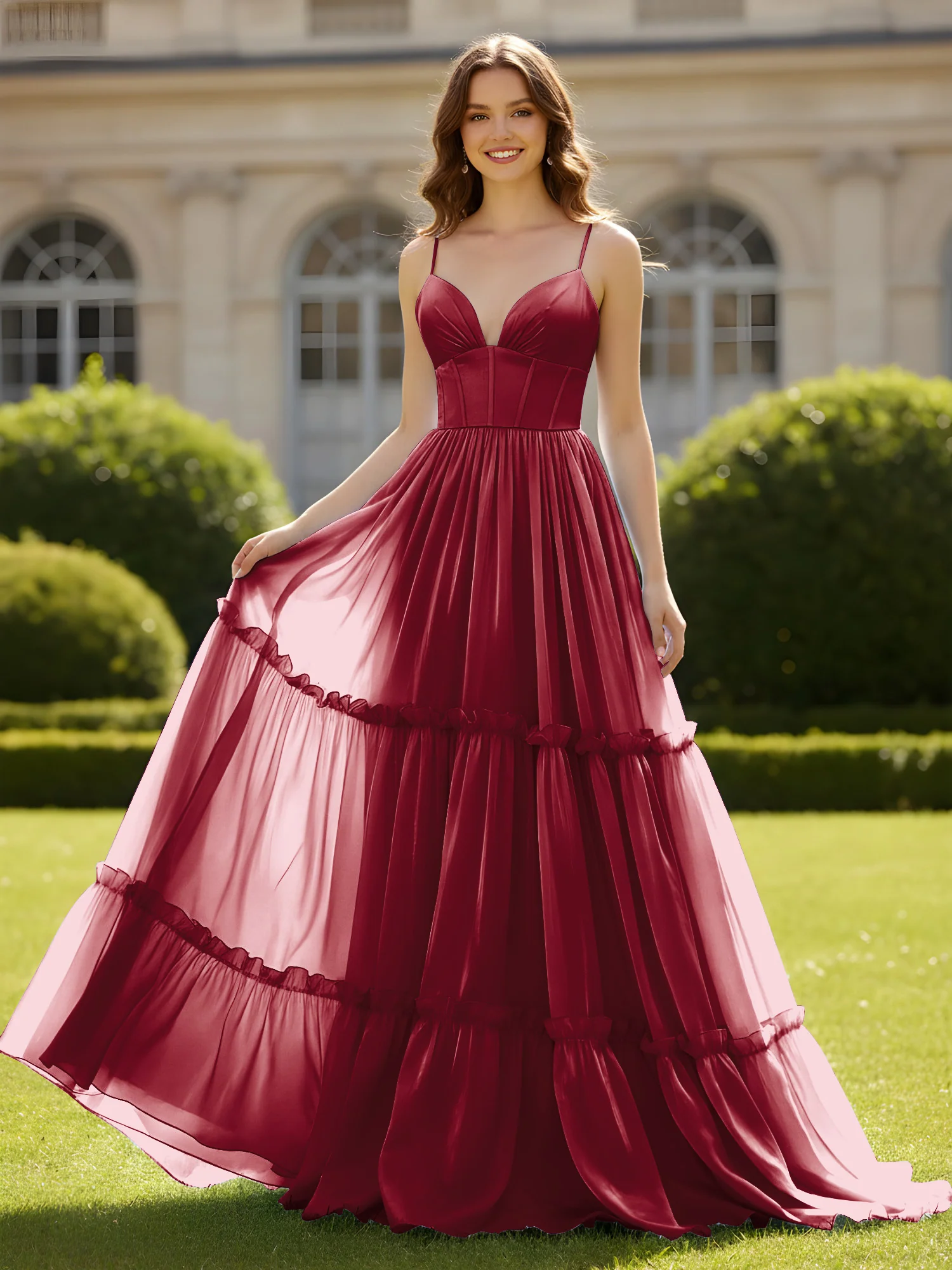 A-Line Spaghetti Straps V-neck Tiered Dress Burgundy