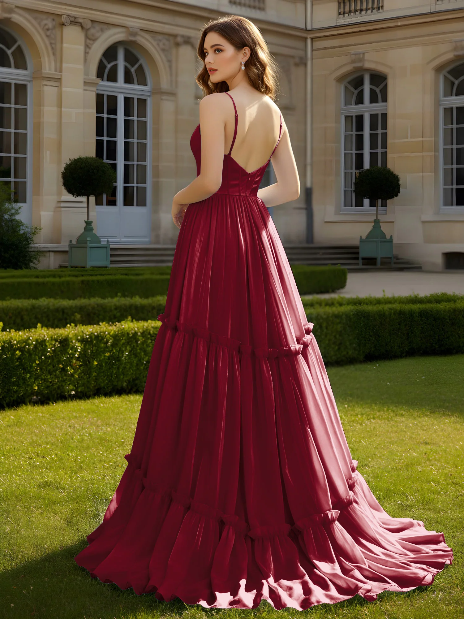 A-Line Spaghetti Straps V-neck Tiered Dress Burgundy - Image 2