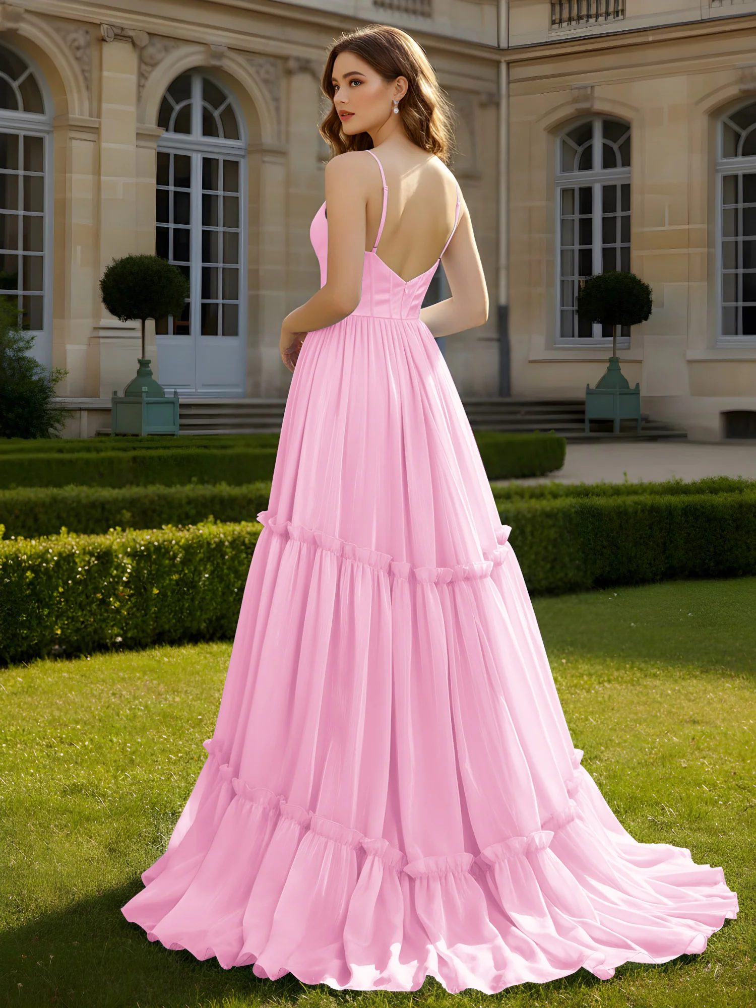 A-Line Spaghetti Straps V-neck Tiered Dress Candy Pink - Image 2
