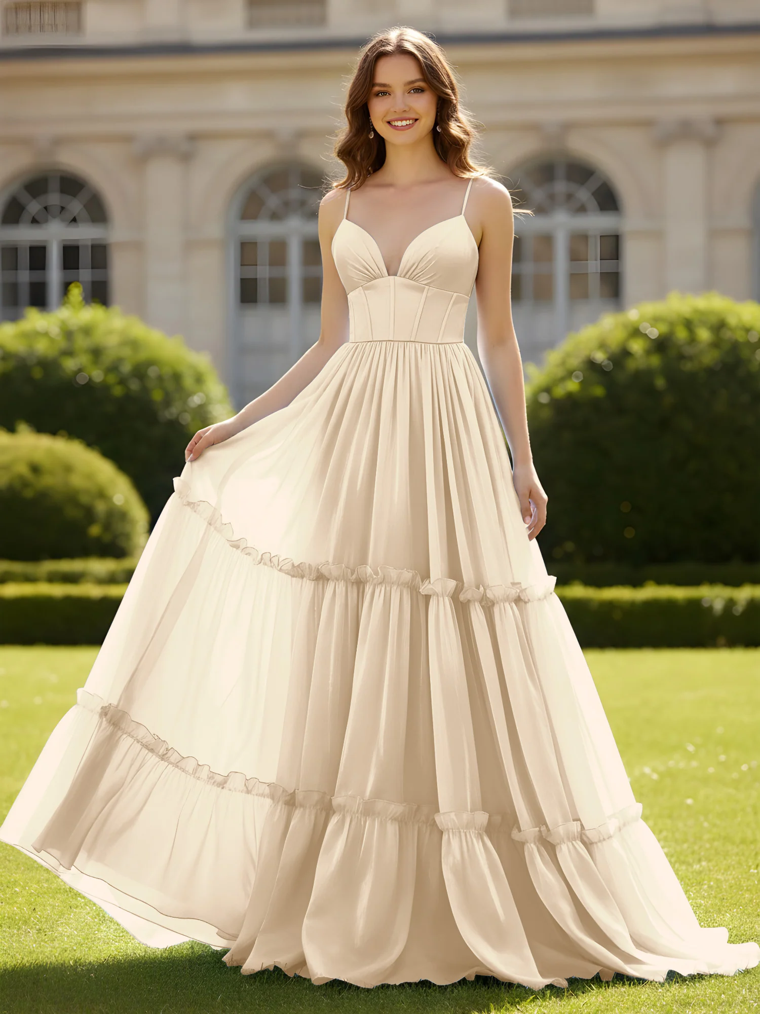 A-Line Spaghetti Straps V-neck Tiered Dress Champagne