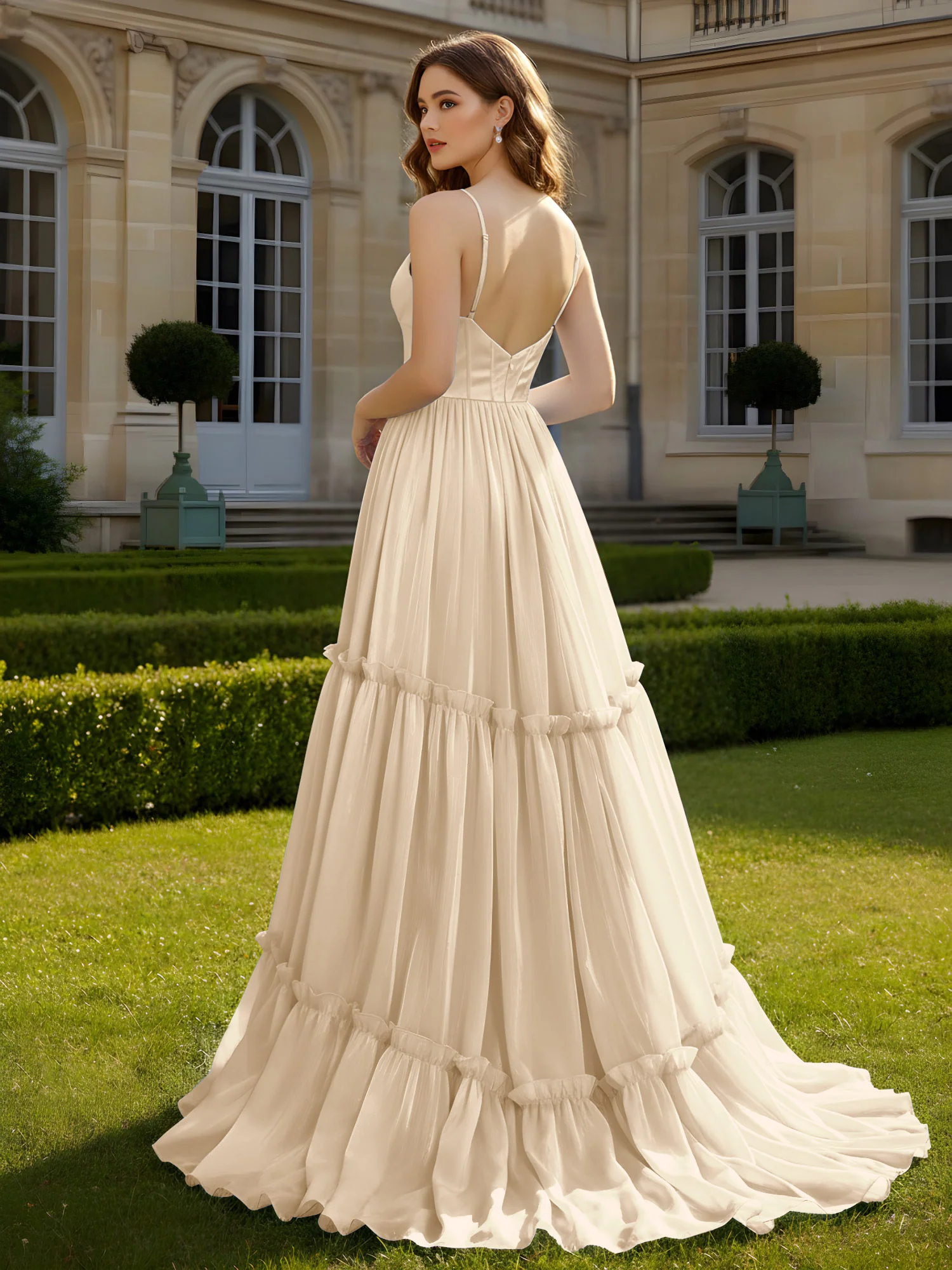 A-Line Spaghetti Straps V-neck Tiered Dress Champagne - Image 2