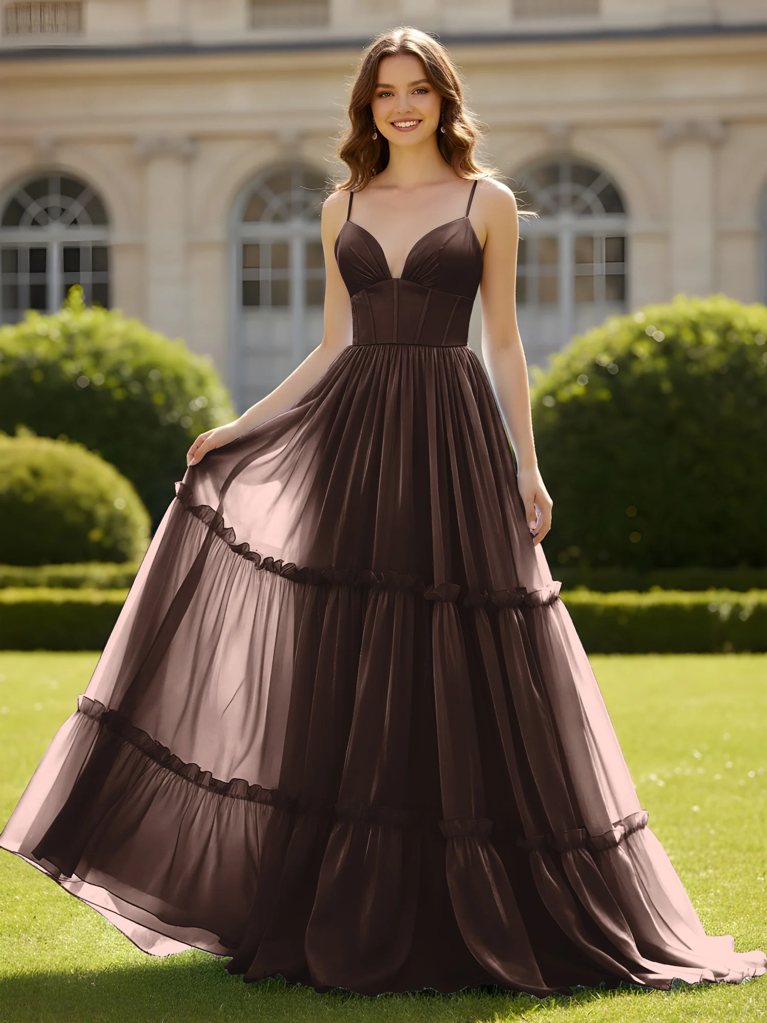 A-Line Spaghetti Straps V-neck Tiered Dress Chocolate