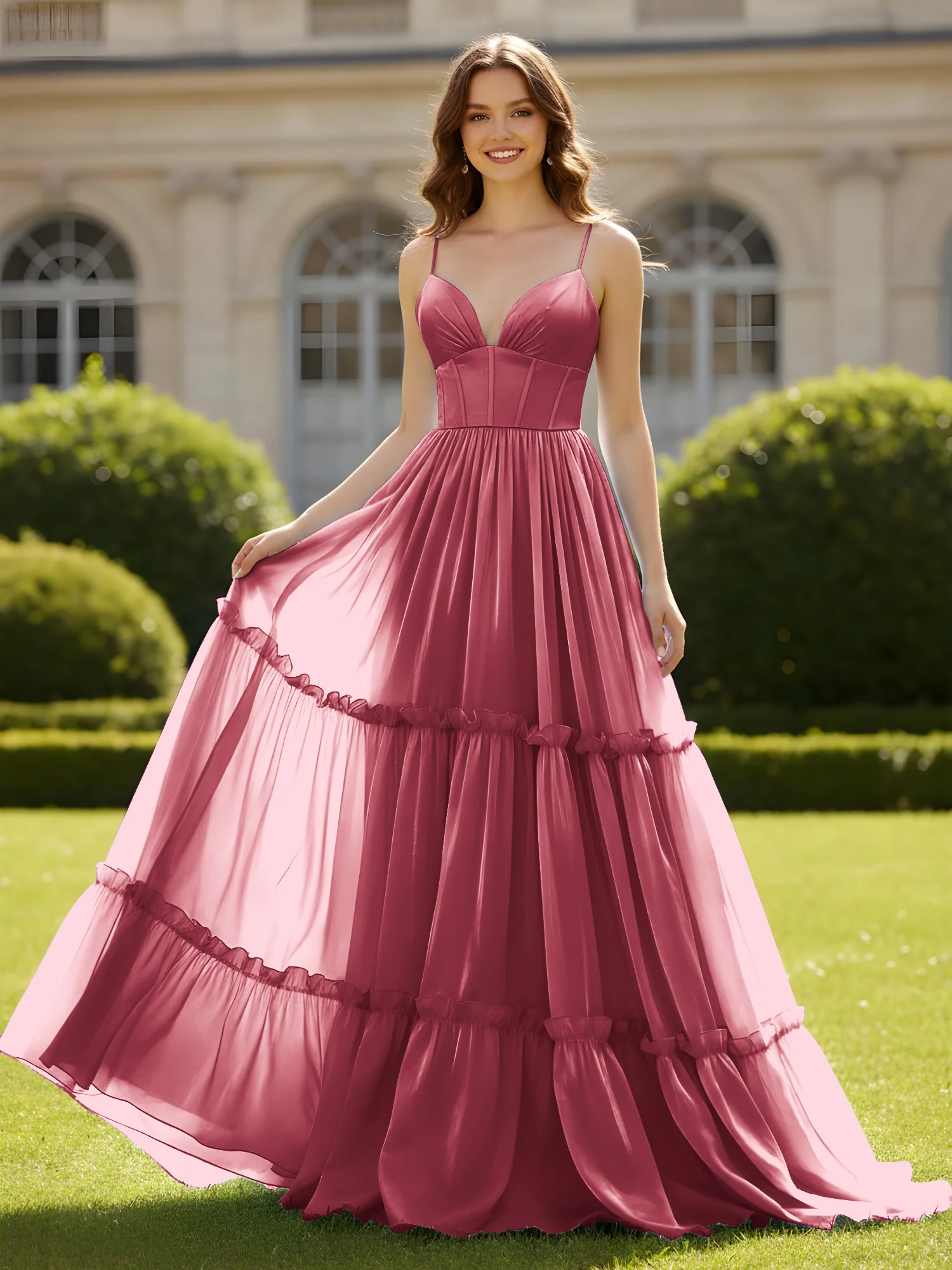 A-Line Spaghetti Straps V-neck Tiered Dress Cinnamon Rose