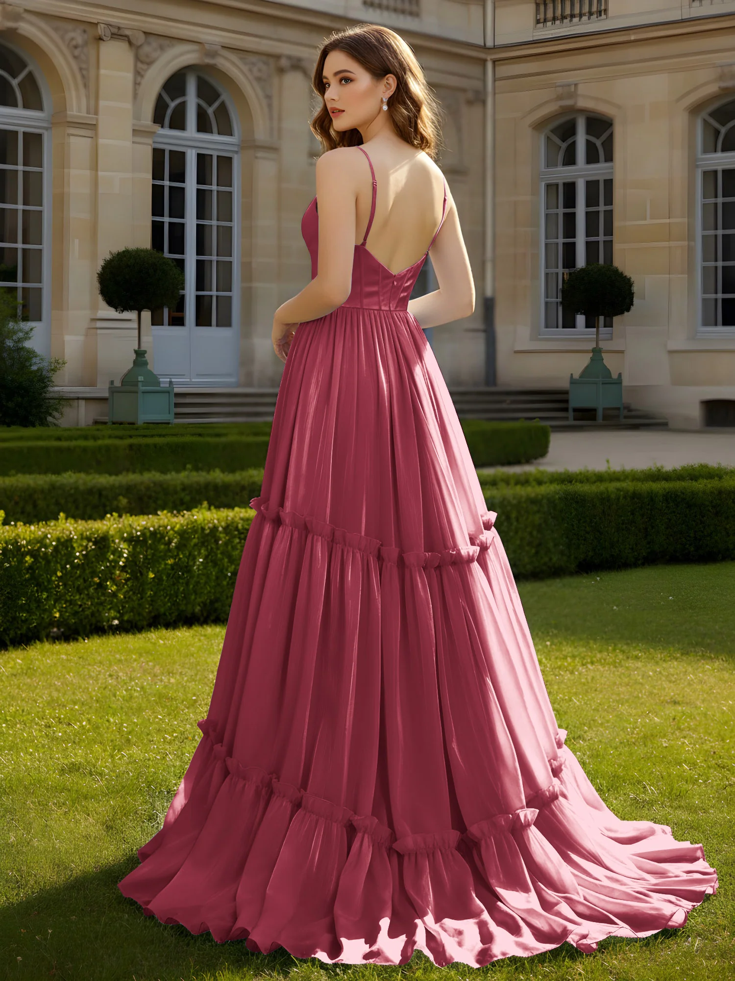 A-Line Spaghetti Straps V-neck Tiered Dress Cinnamon Rose - Image 2