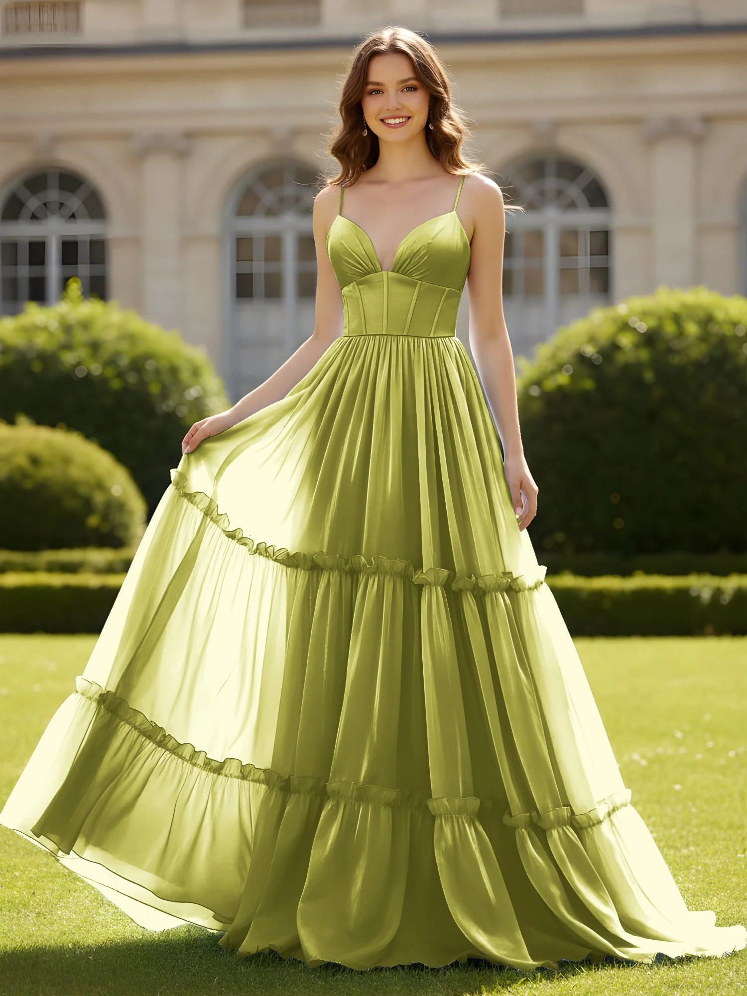 A-Line Spaghetti Straps V-neck Tiered Dress Clover